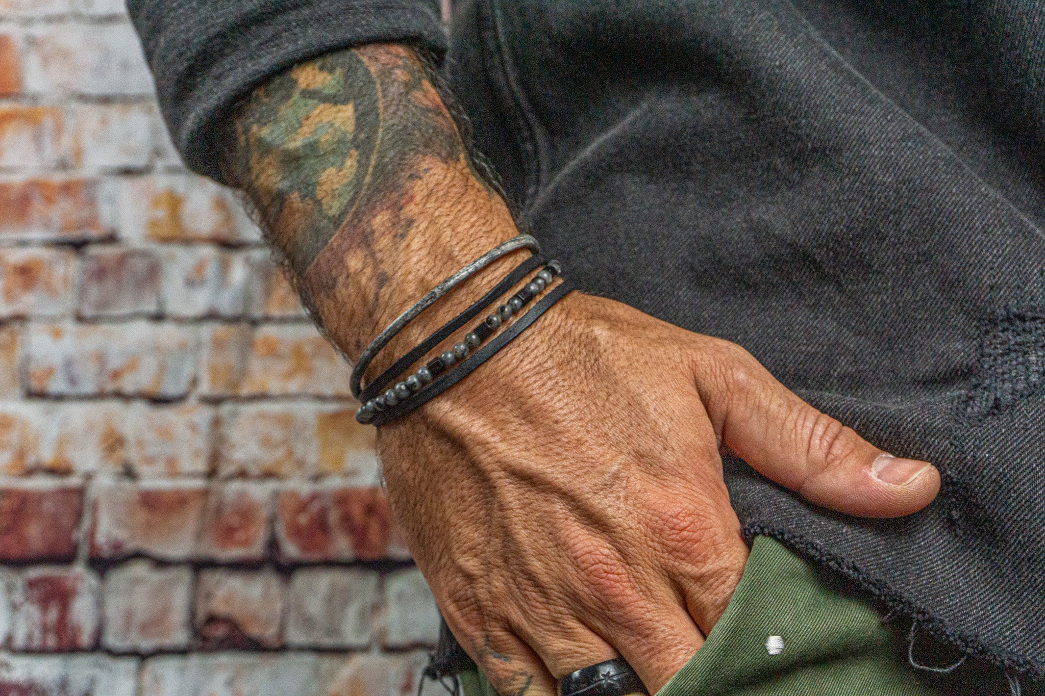 mens black vintage leather bracelet with labradorite gemstones and black stainless steel closure - wander jewellery