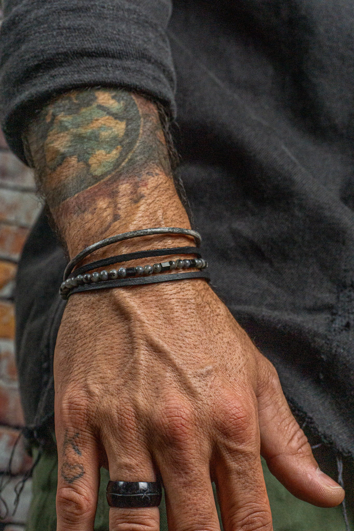 mens black and greay genuine vintage leather layered bracelet with labradorite gemstones and black stainless steel closure - wander jewellery