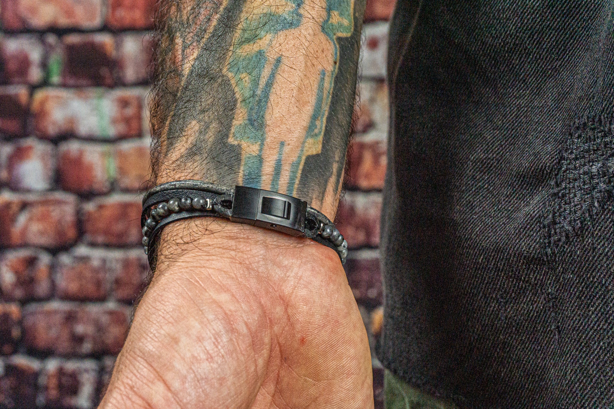 mens black vintage leather layered bracelet with labradorite gemstones and black stainless steel closure - wander jewellery