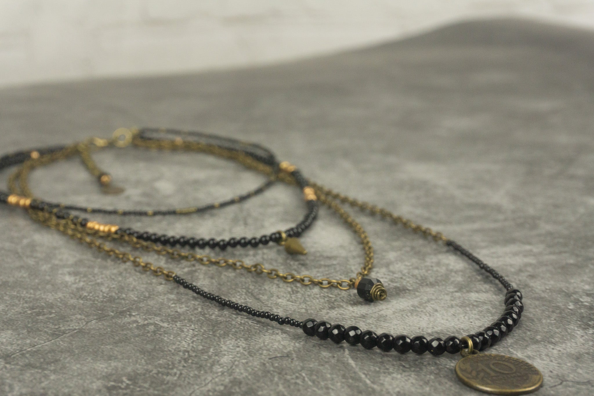 womens black onyx and chain layered choker necklace set with coin pendant- wander jewellery