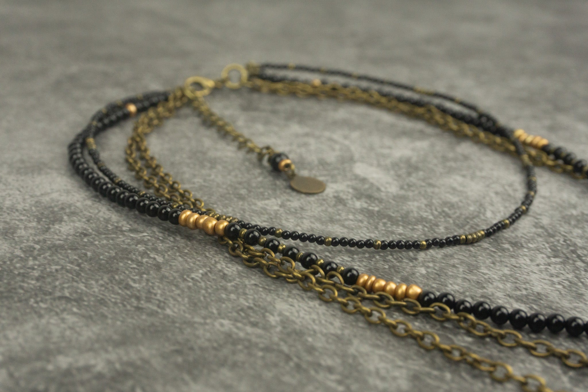 onyx and chain layered choker necklace set with coin pendant- wander jewellery