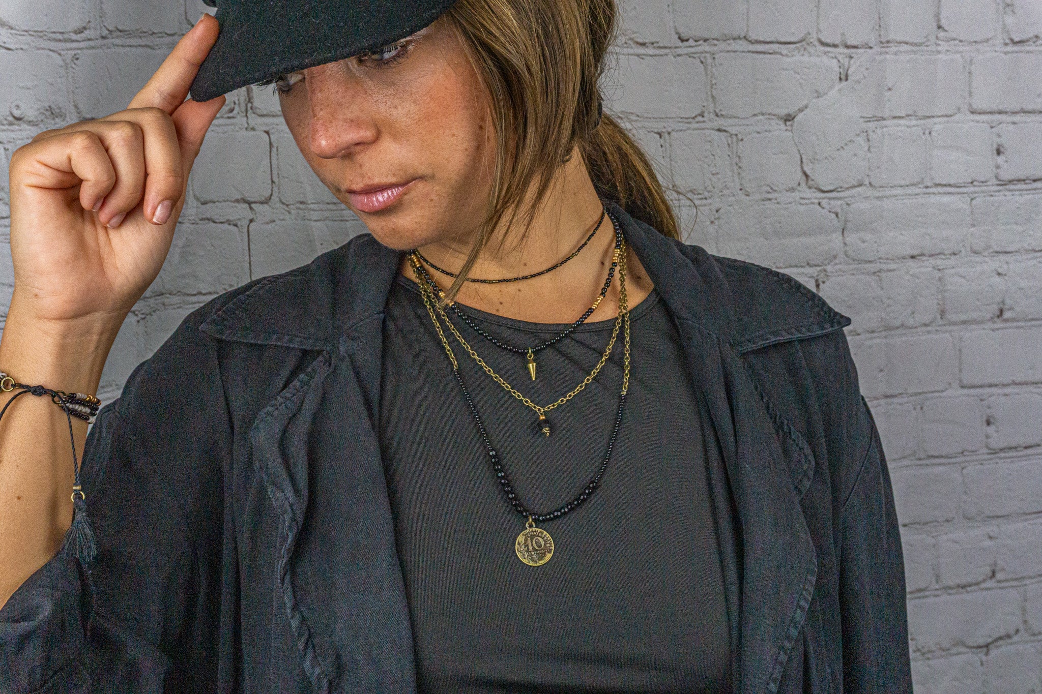 black onyx gemstone layered choker necklace set with coin pendant- wander jewellery