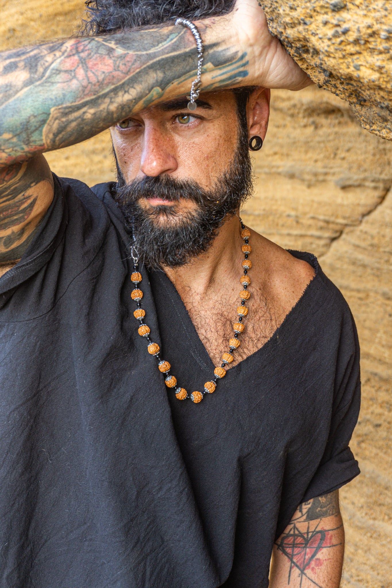 Rudraksha Onyx Black Leather Beaded Boho Necklace