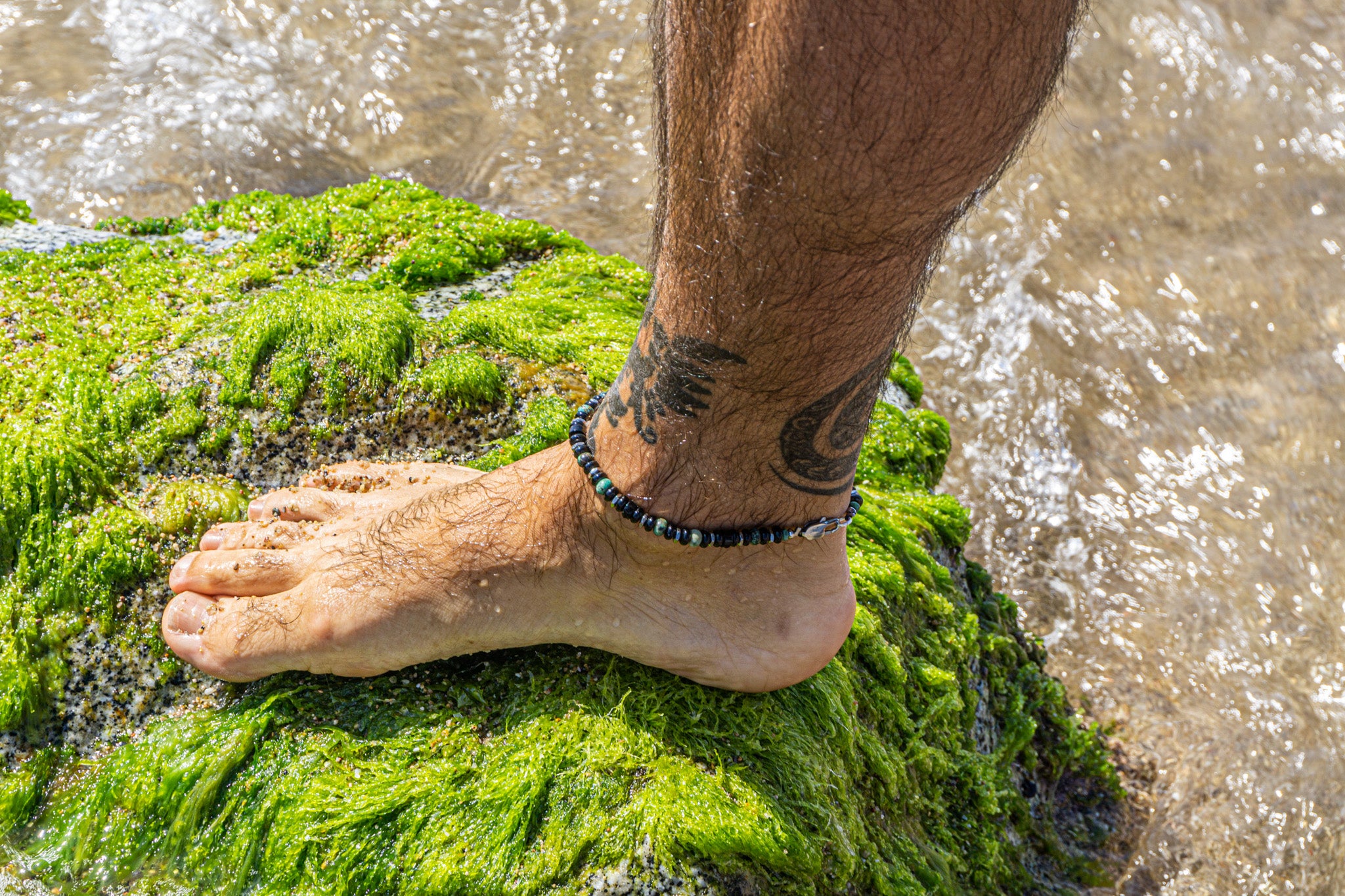 mens black onyx and gree jasper waterproof anklet- wander jewellery