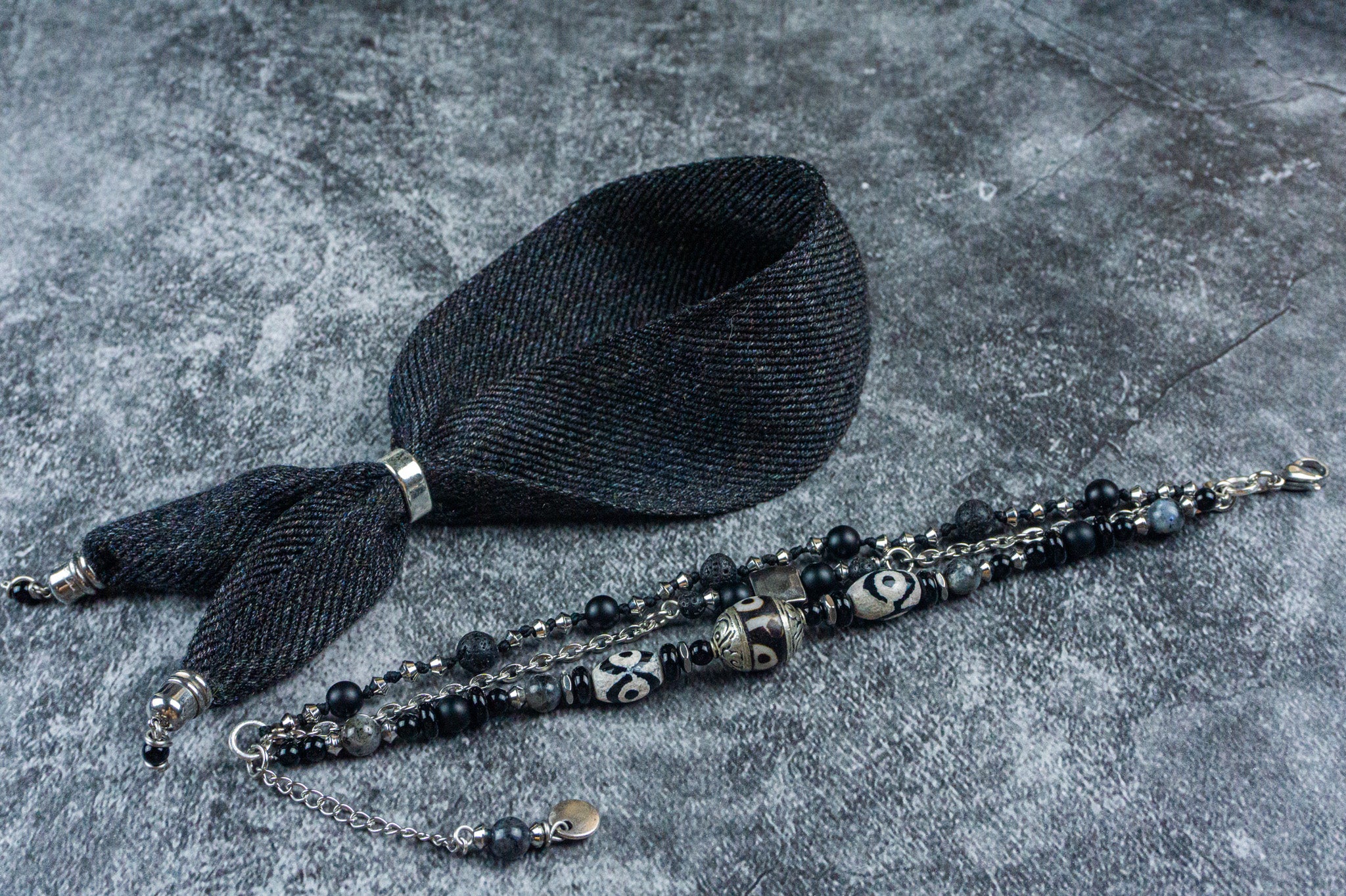 Black Cuff Gemstone Chain Bracelet Set