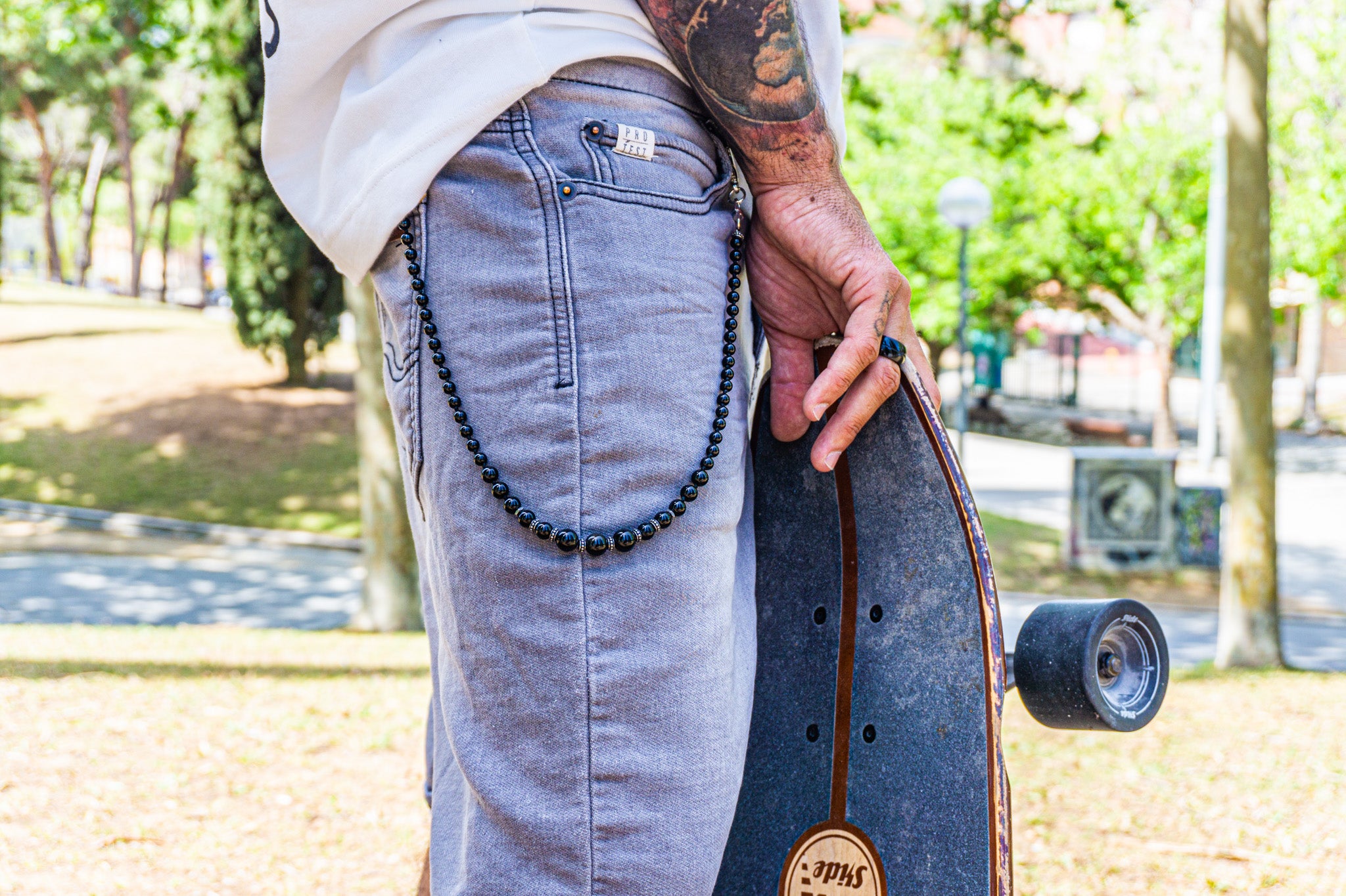 mens black onyx and stainless steel pants keychain- wander jewelery