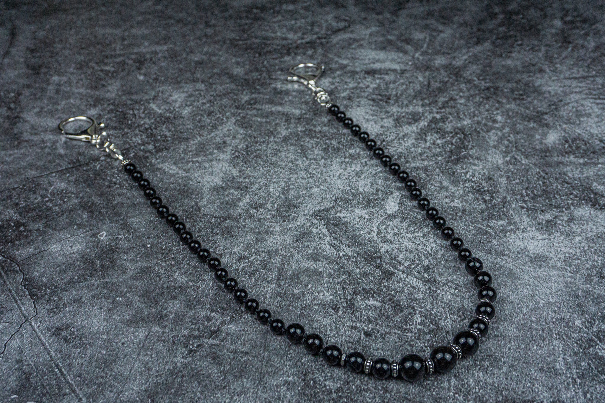 black onyx and stainless steel keychain- wander jewelery