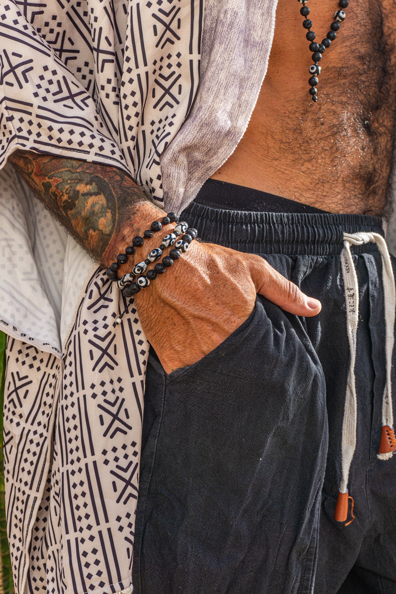 beaded lava stone triple bracelet set with third eye tibetan agate - wander jewellery