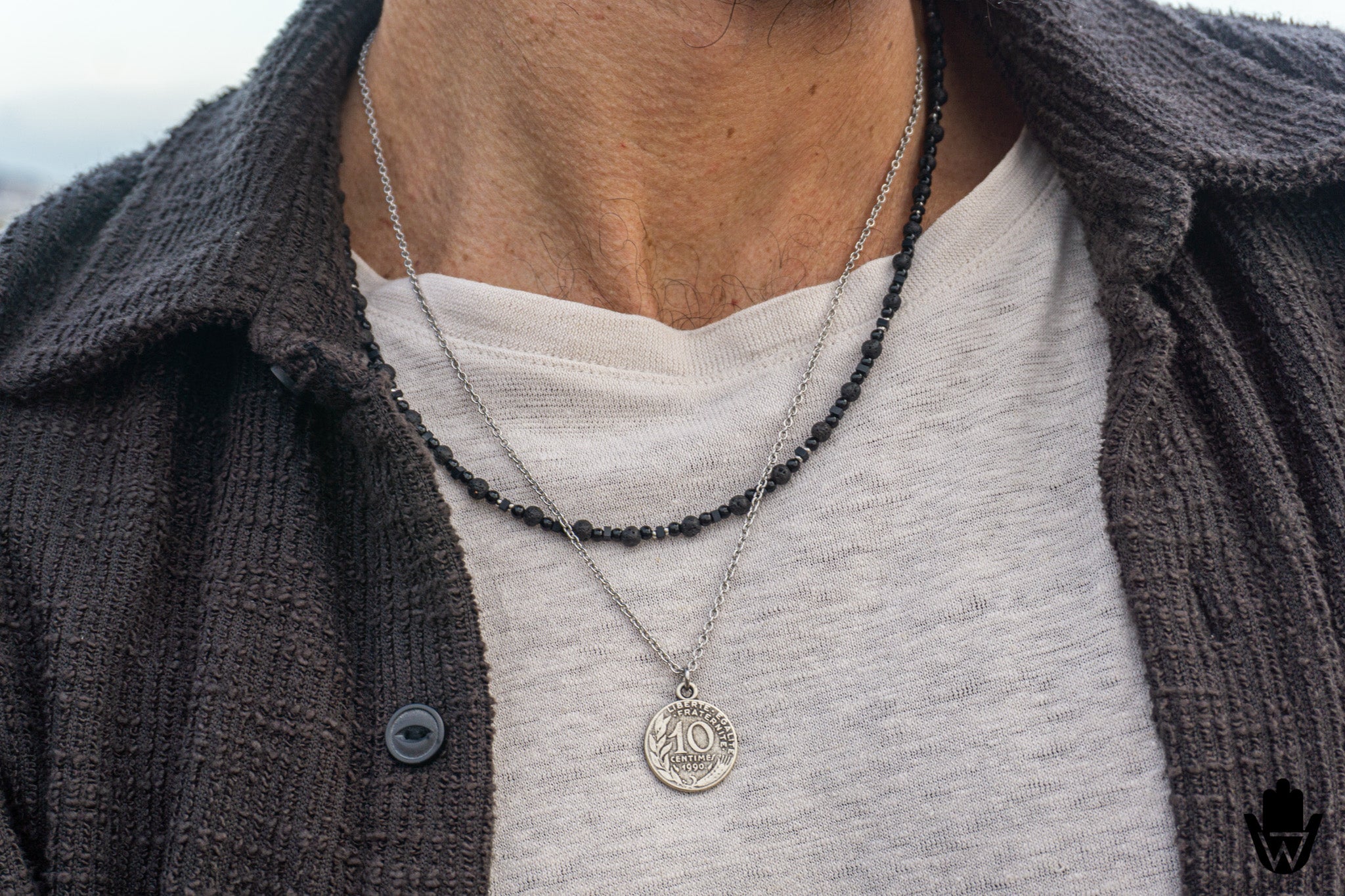 A close-up of a person wearing layered necklaces, featuring a silver pendant necklace with a circular medallion and a black beaded strand necklace, over a white t-shirt and dark gray knit cardigan.