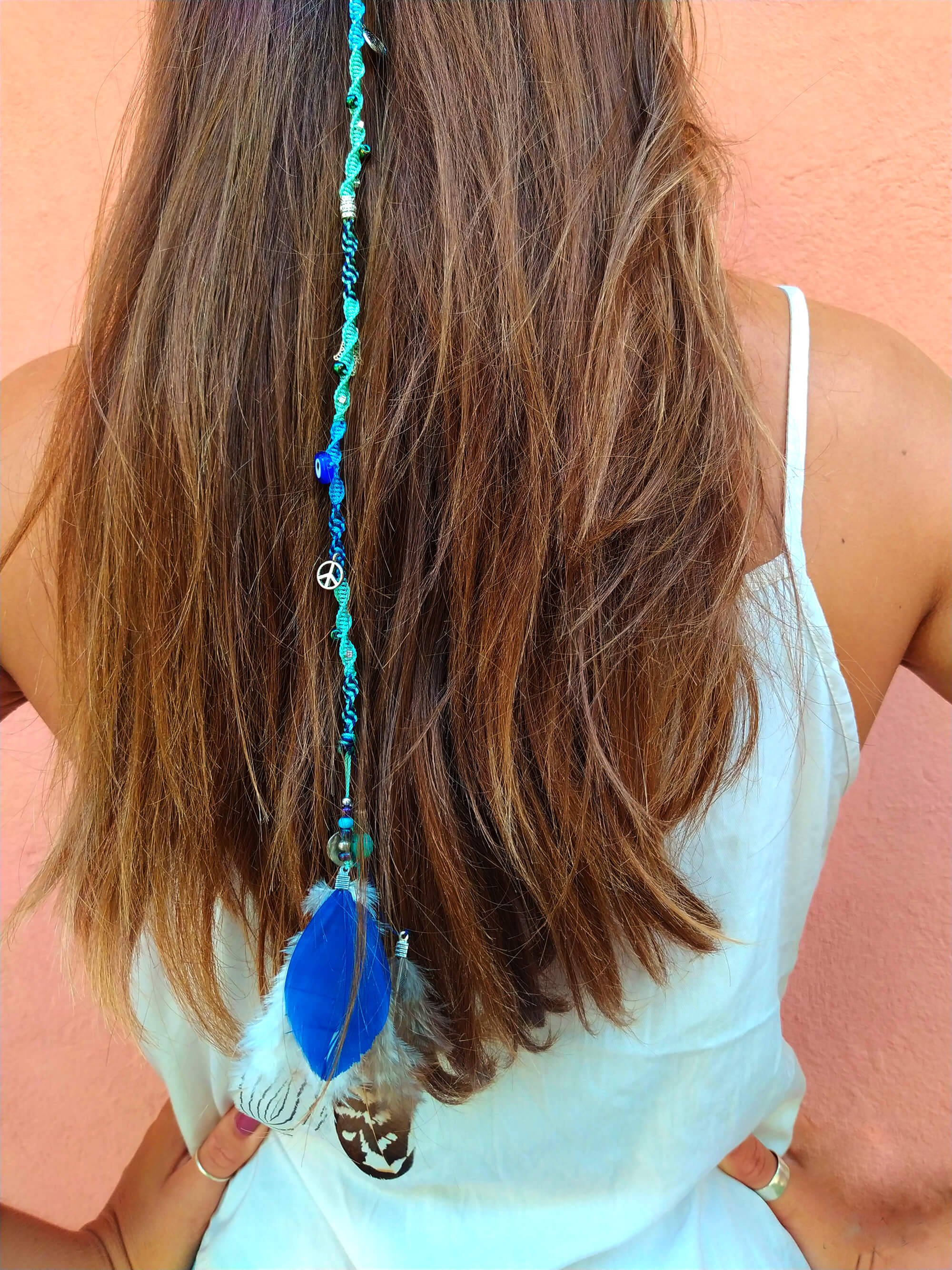 womens boho clip in blue hair wrap extension with natural feathers and charms- wander jewellery