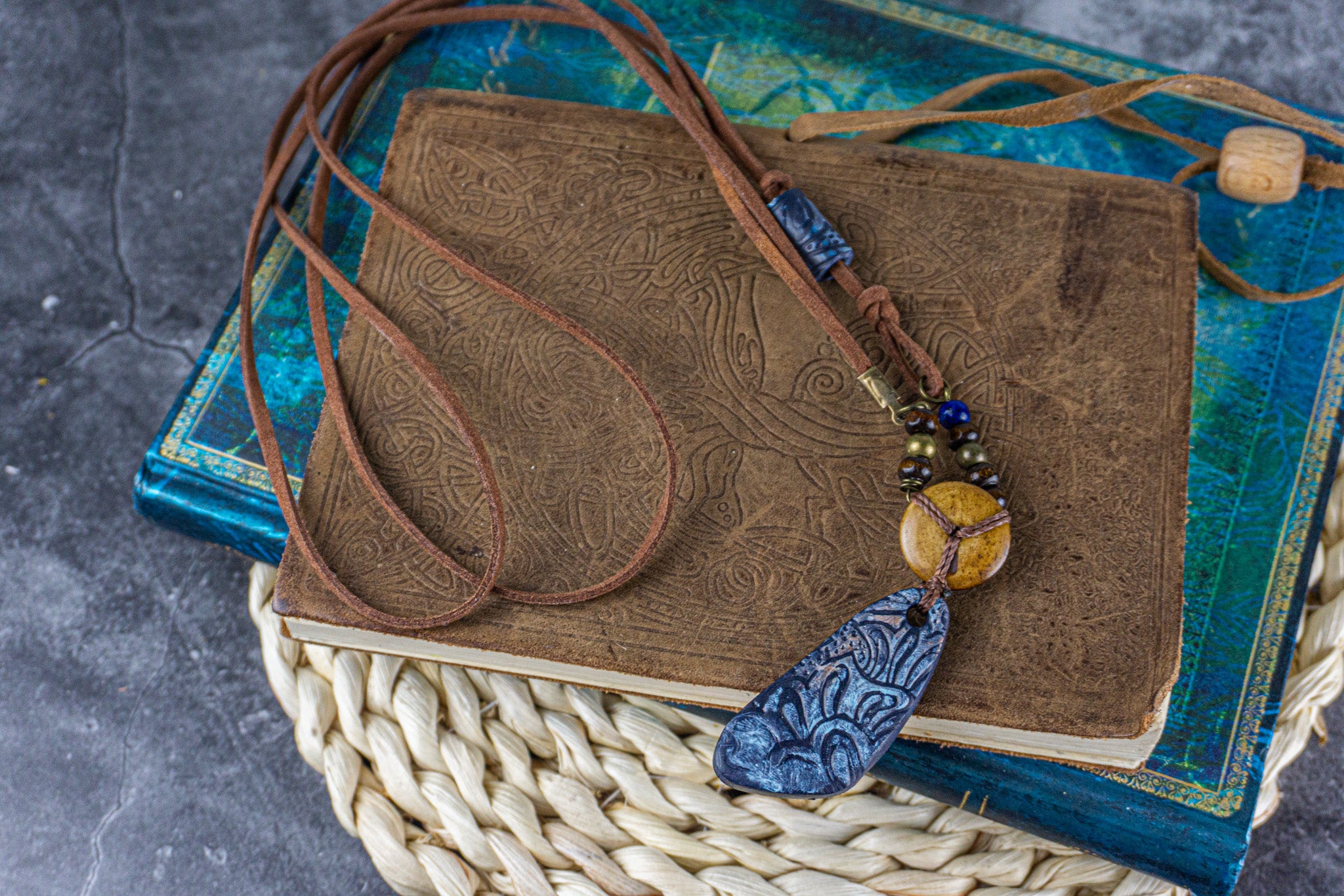 leather blue pendant necklace- wander jewellery