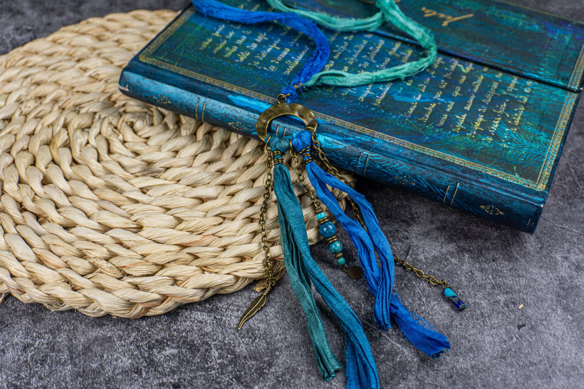 Long silk fabric necklace with brass hammered ring, silk fringes, and gemstone pendants – Wander Jewellery