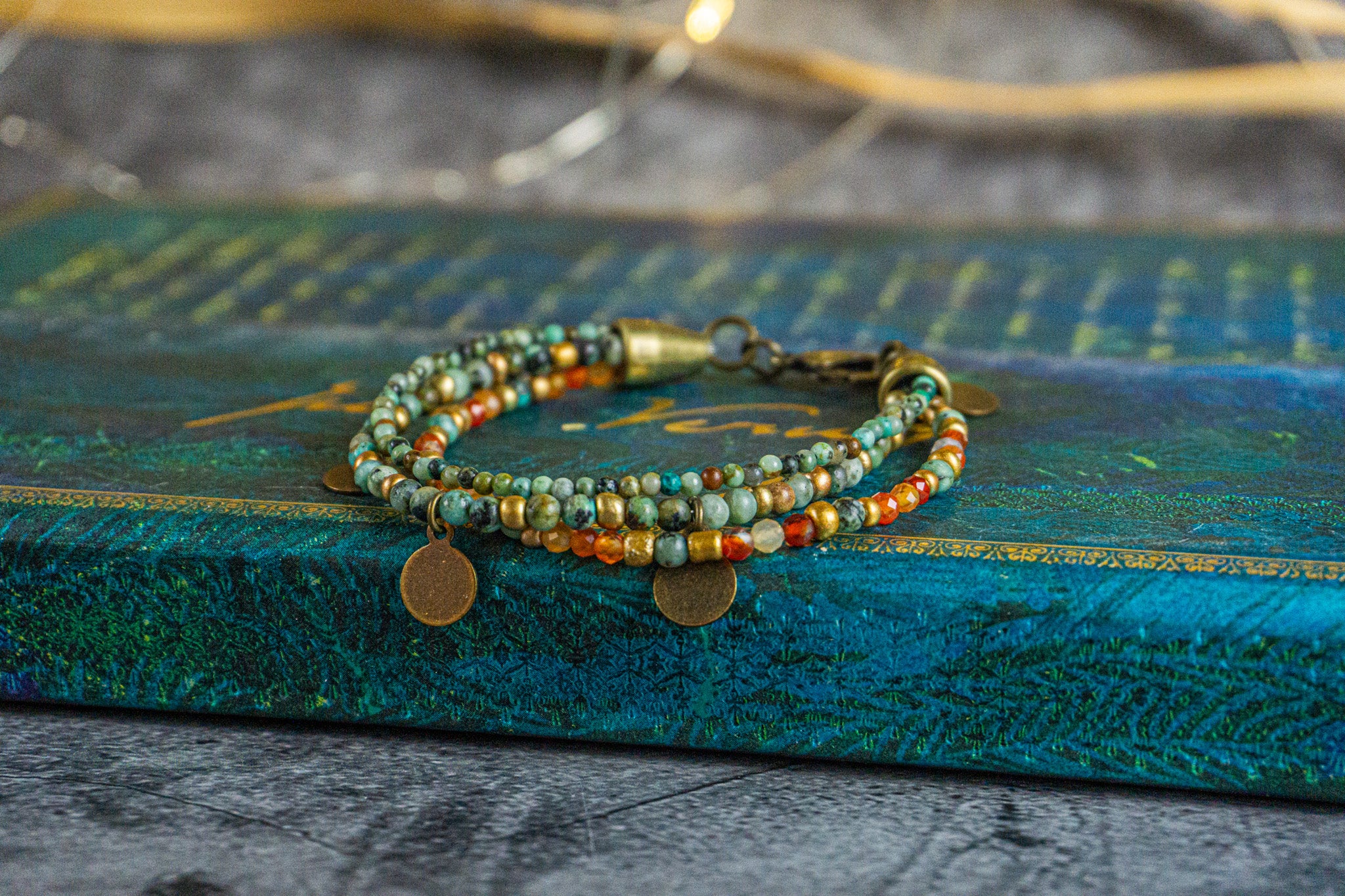 womens boho charm beaded bracelet with orange canelian and green african turquoise jasper gemstone bead- wander jewellery