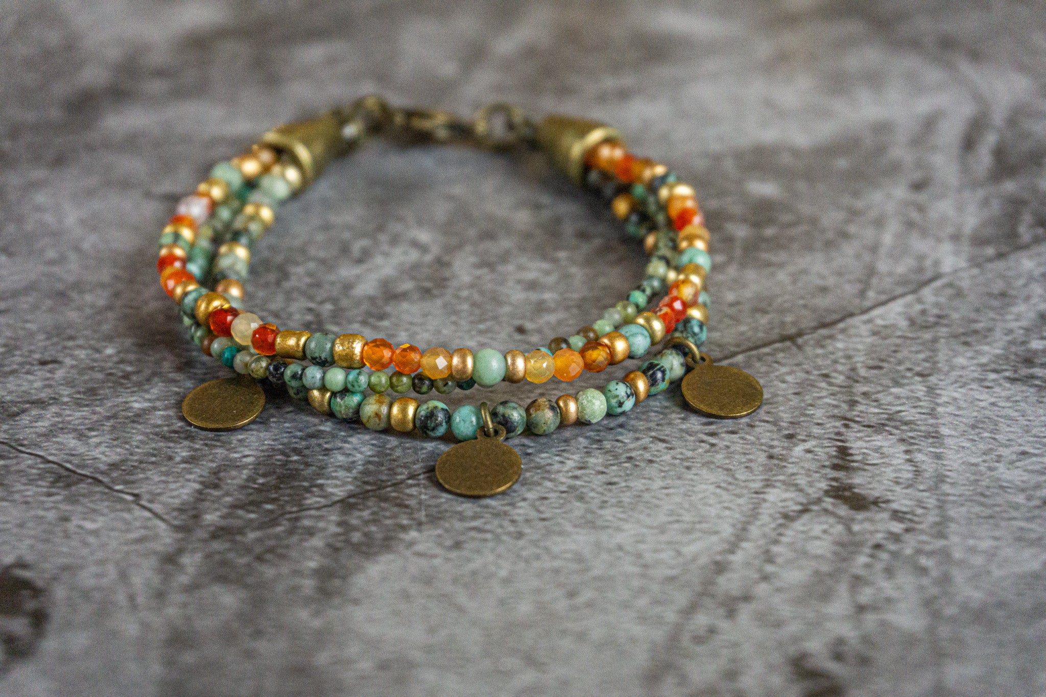 charm beaded bracelet with orange canelian and green african turquoise jasper gemstone bead- wander jewellery