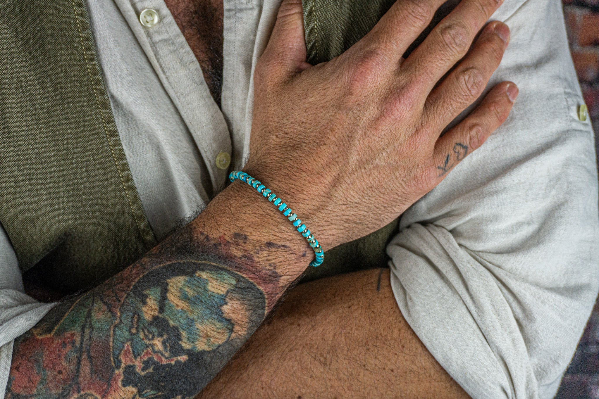 mens imperial jasper and stainless steel waterproof heishi bead gemstone bracelet- wander jewellery