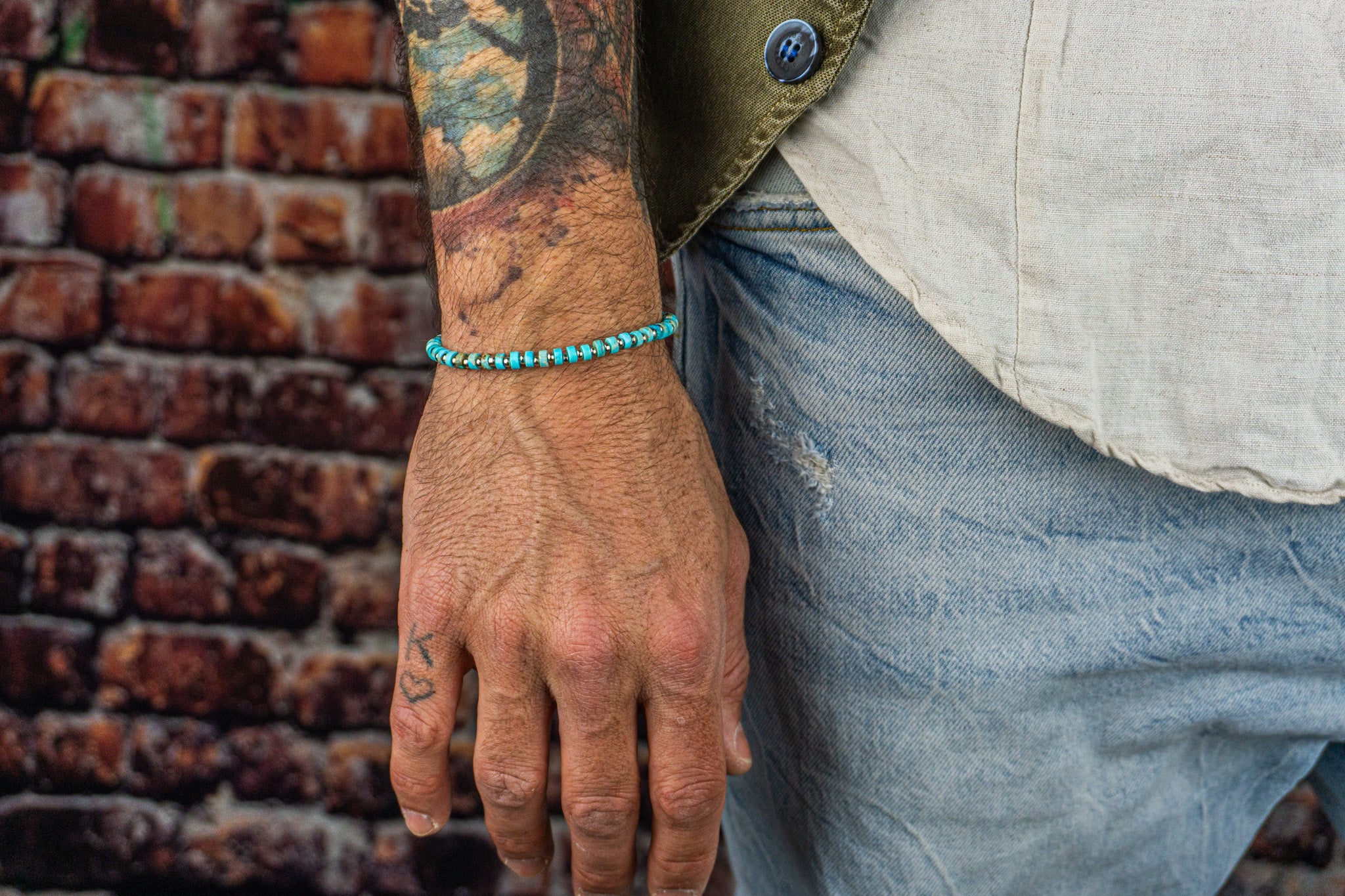mens turquoise imperial jasper and stainless steel waterproof heishi bead gemstone bracelet- wander jewellery