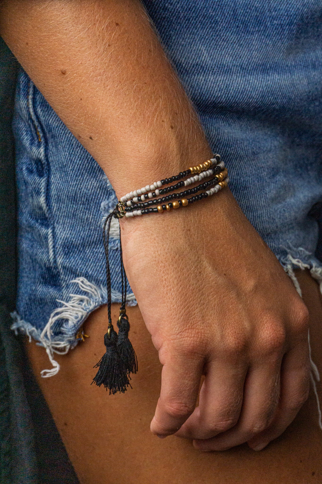 black white and gold beads multi strand adjustable boho chic bracelet for women- wander jewellery