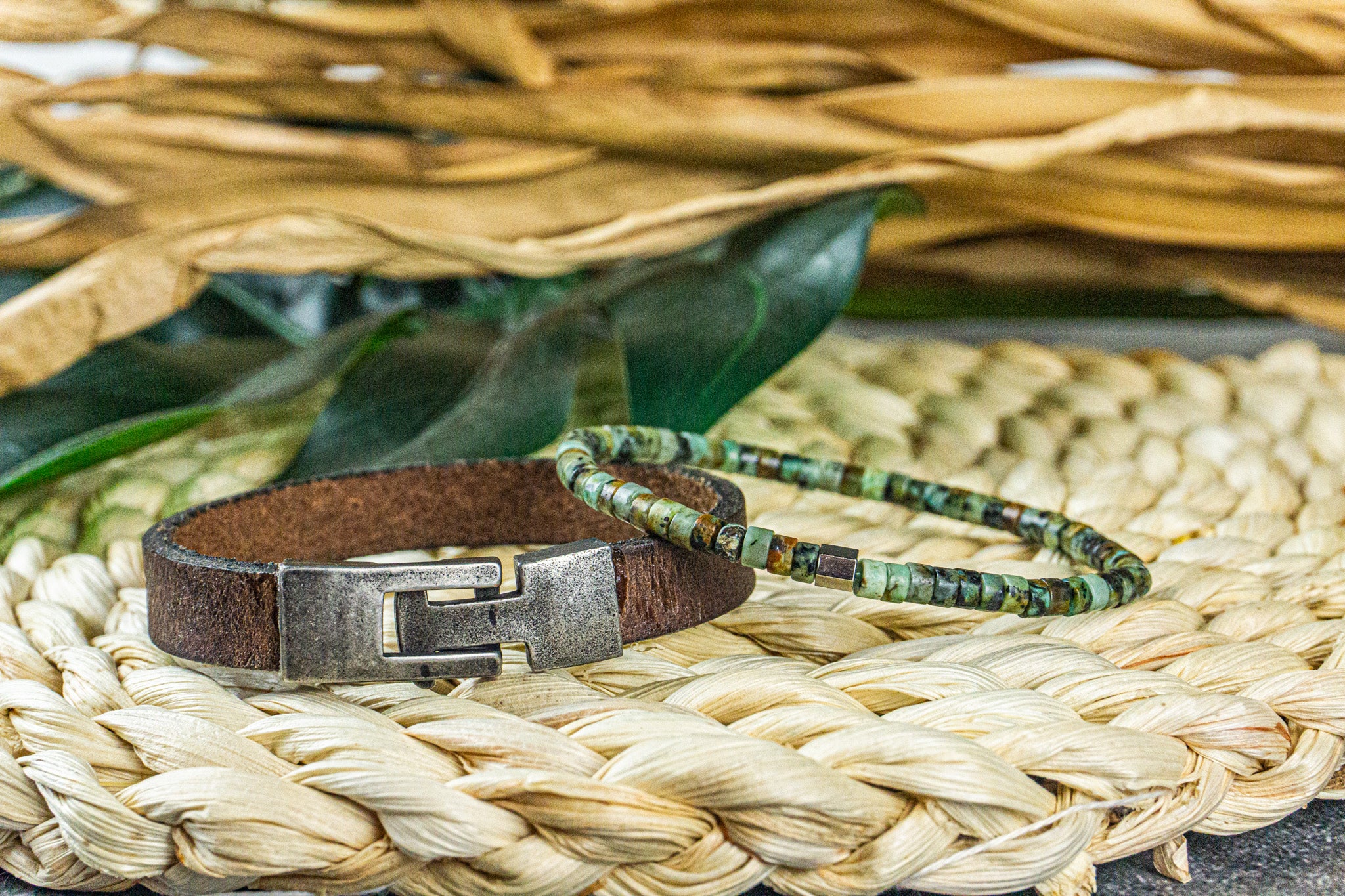bracelet set made of one african turquose jasper green gemstone beads and a brown vintage leather bracelet- wander jewellery