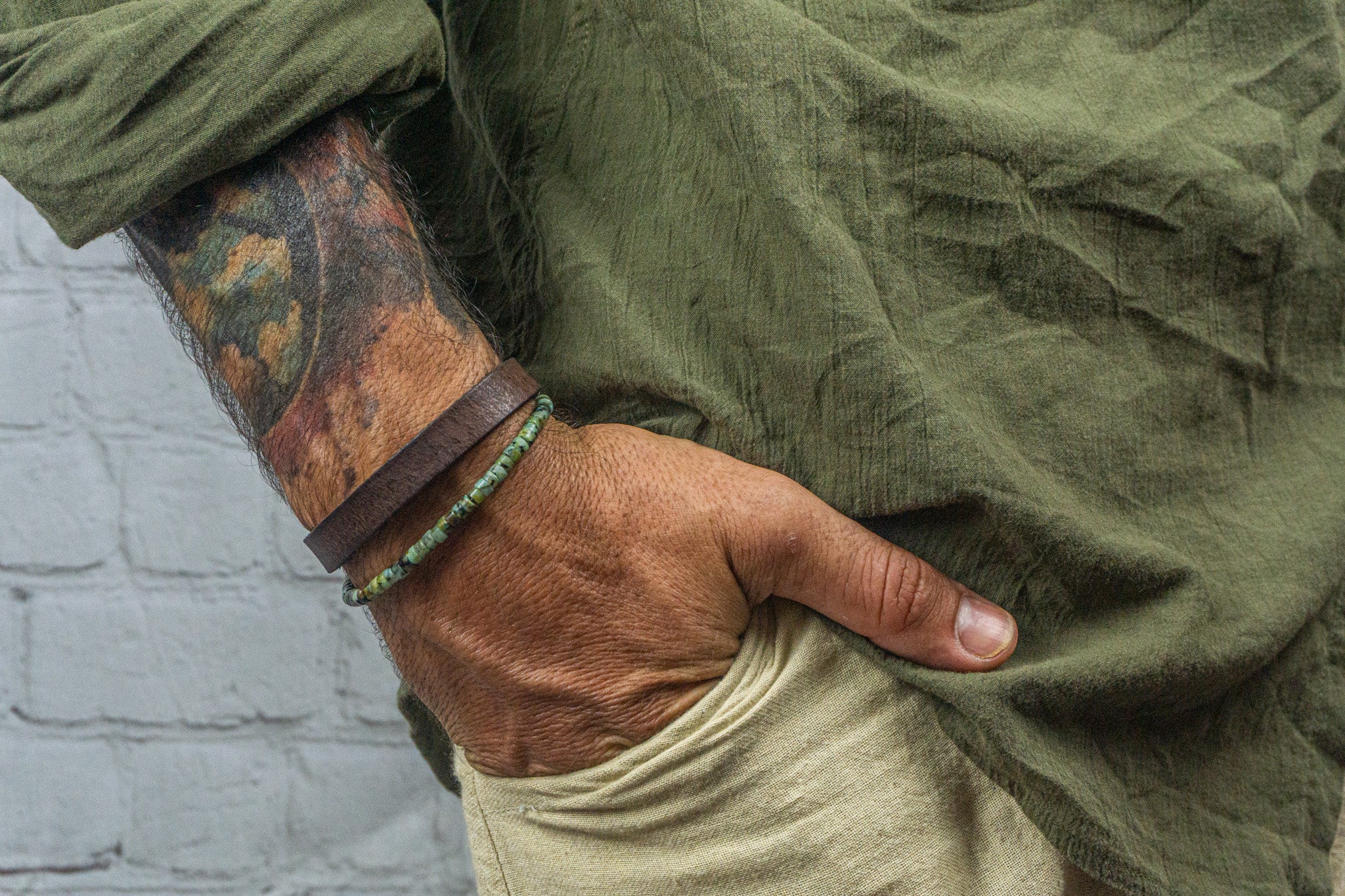 mens stacking bracelet set made of one african turquose jasper green gemstone beads and a brown vintage leather bracelet- wander jewellery
