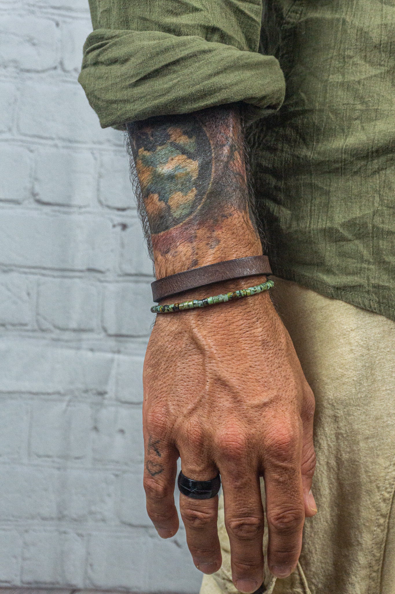 mens stacking bracelet set made of one african turquose jasper green gemstone beads and a brown vintage leather bracelet- wander jewellery