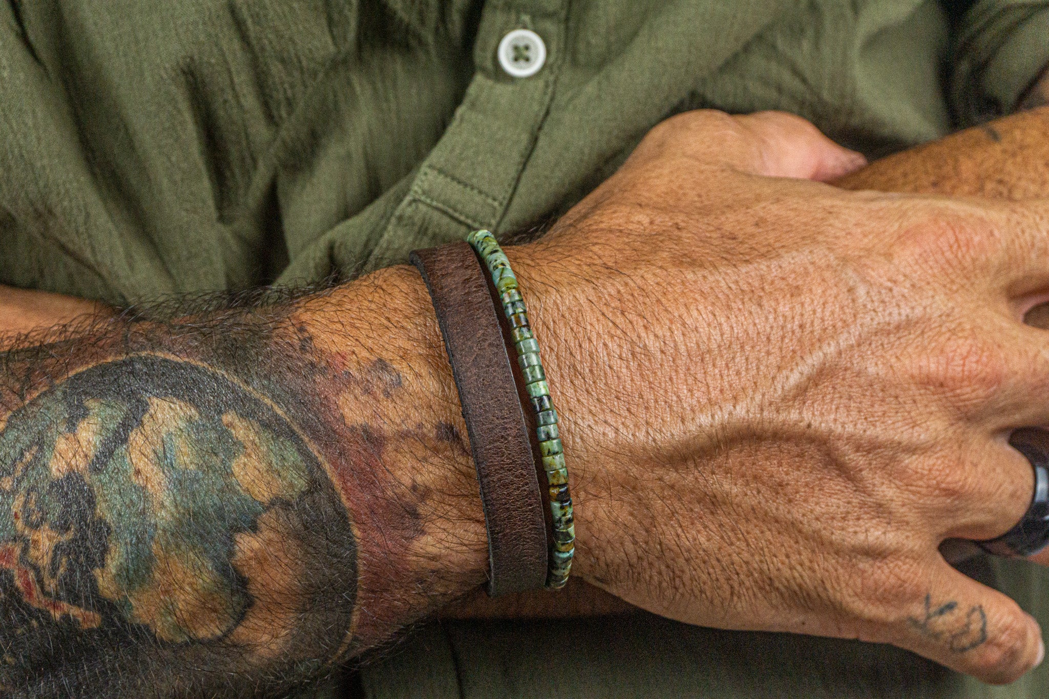 mens stacking bracelet set made of one african turquose jasper green gemstone beads and avintage leather bracelet- wander jewellery