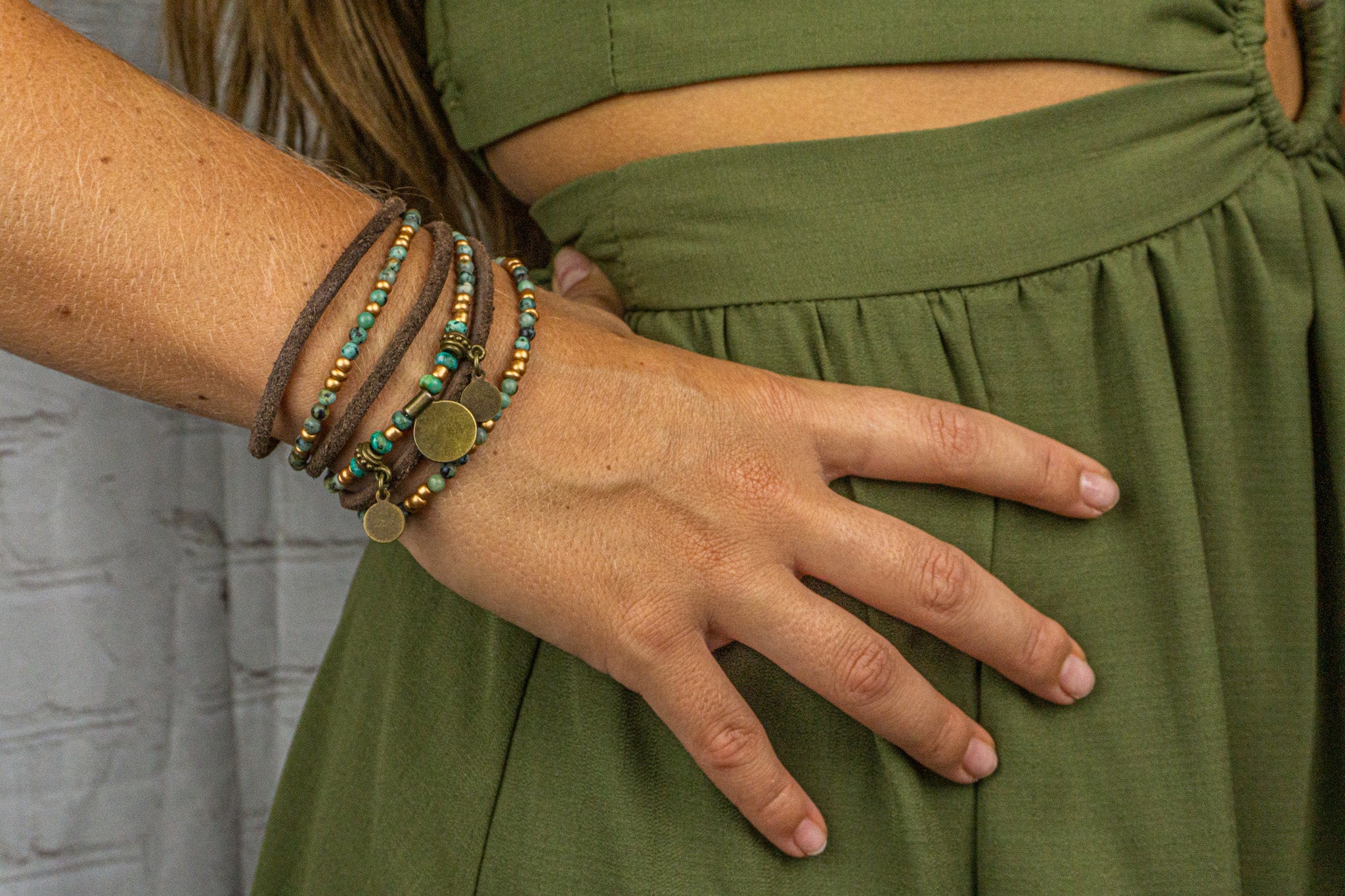 womens leather and gemstone wrap bracelet with coin charms- wander jewellery