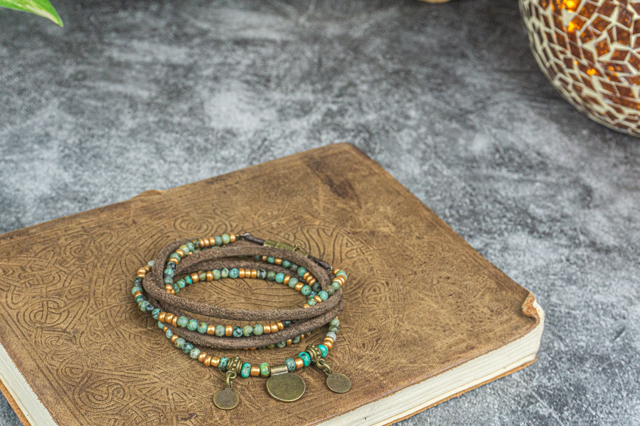 leather and african gemstone wrap bracelet with coin charms- wander jewellery