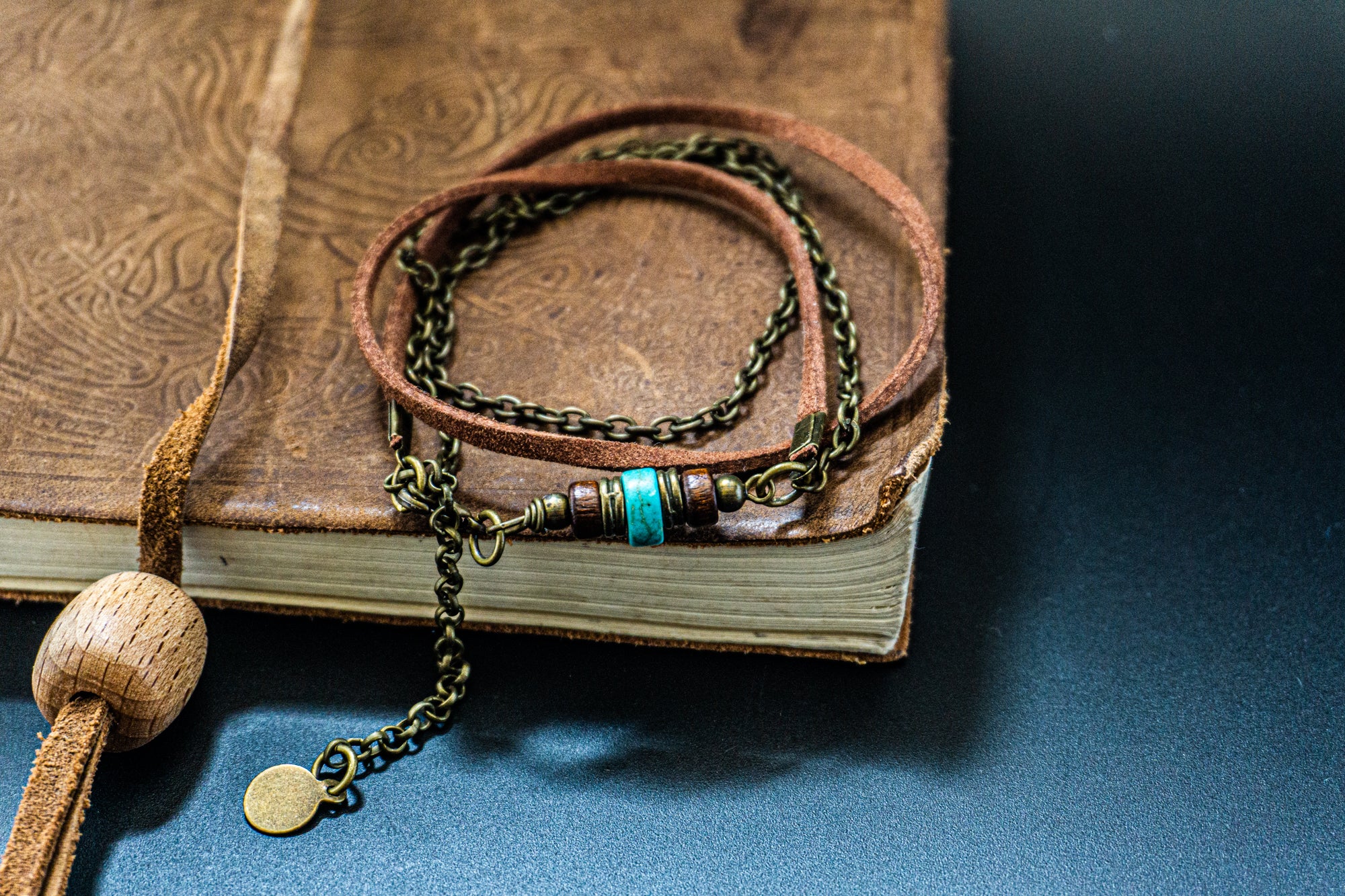 bronze chain and faux leather wrap bracelet- wander jewellery
