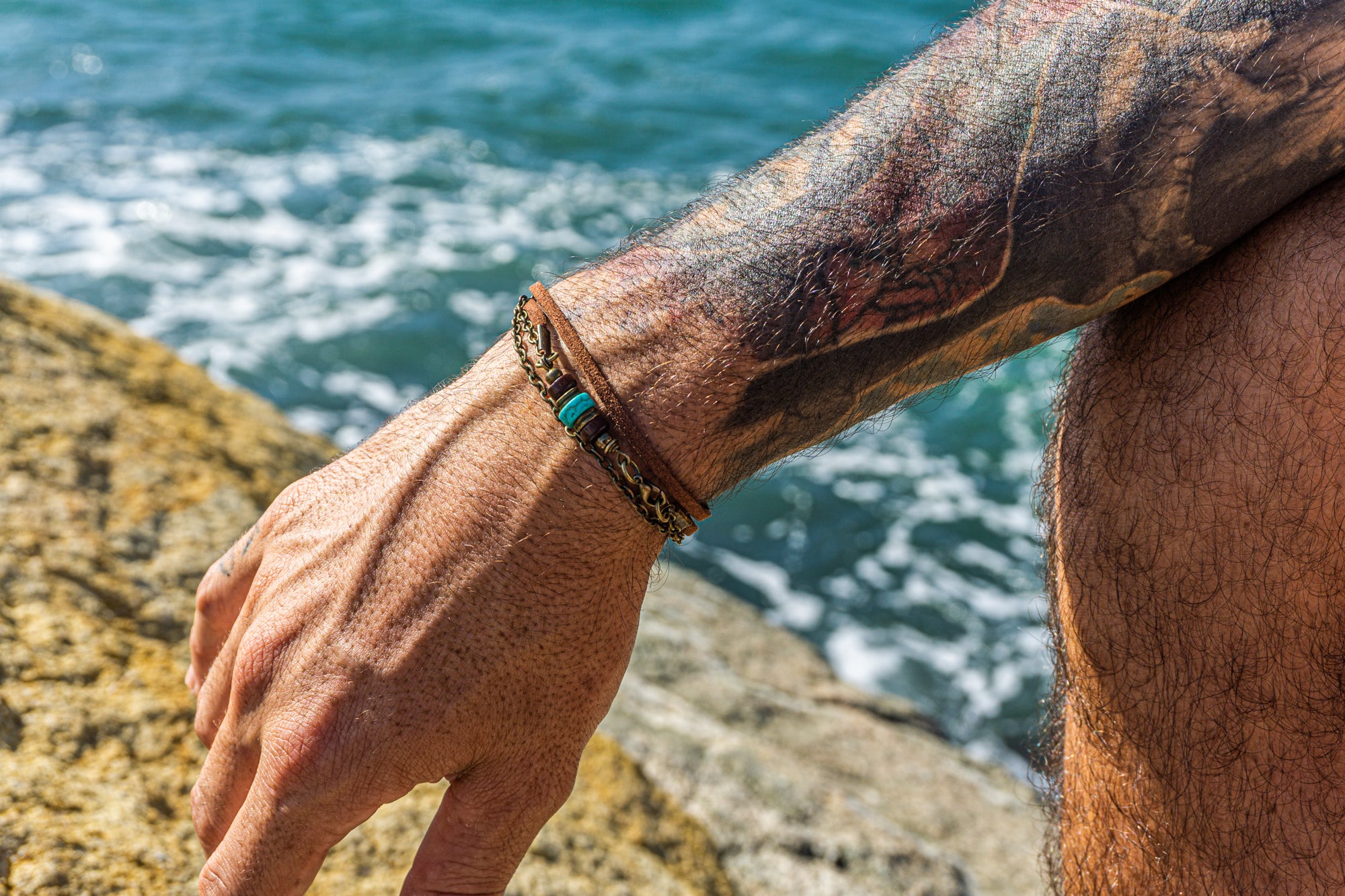 mens chain and faux leather minimalist wrap bracelet- wander jewellery