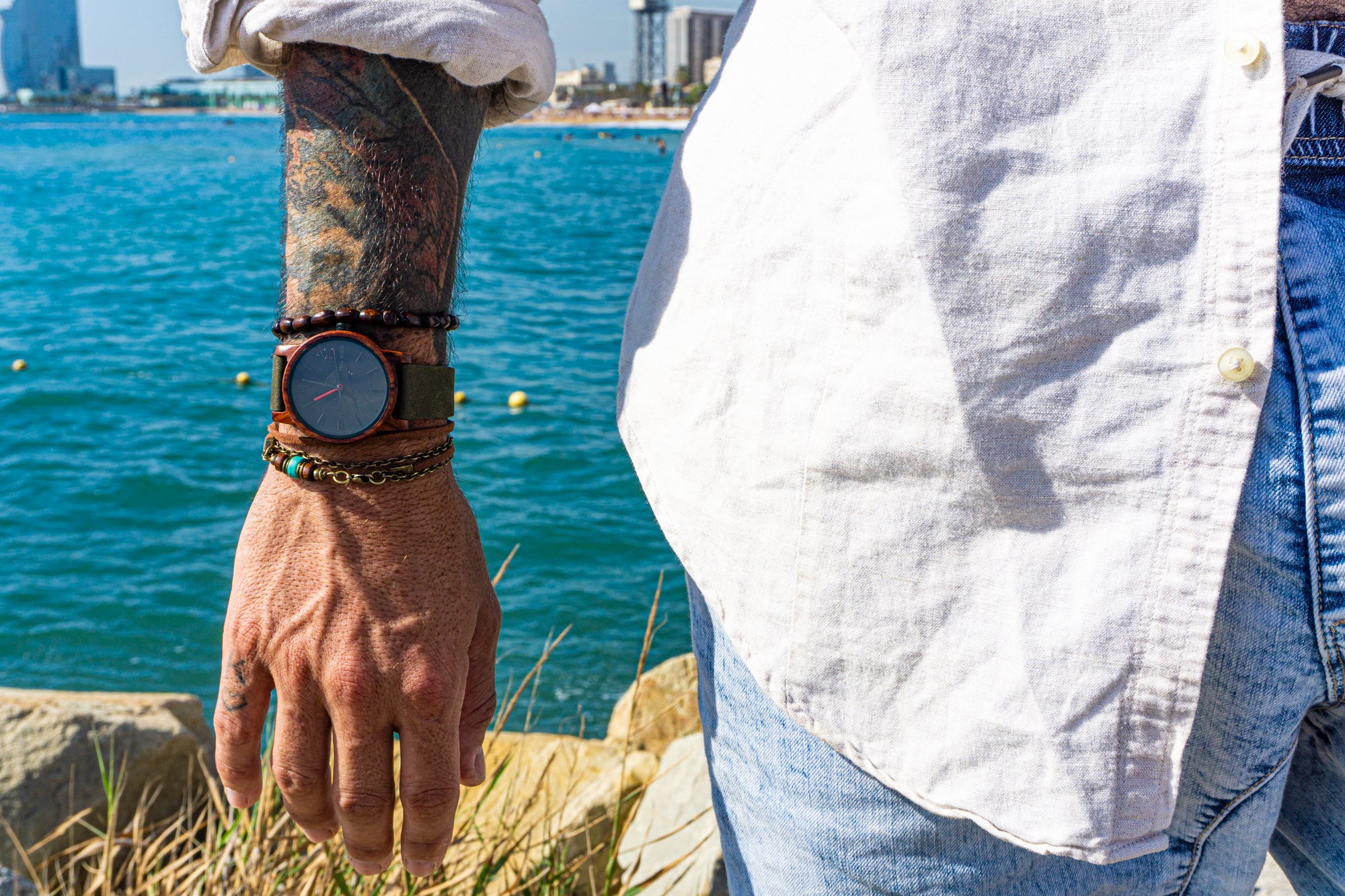 mens bronze chain and faux leather minimalist wrap bracelet- wander jewellery