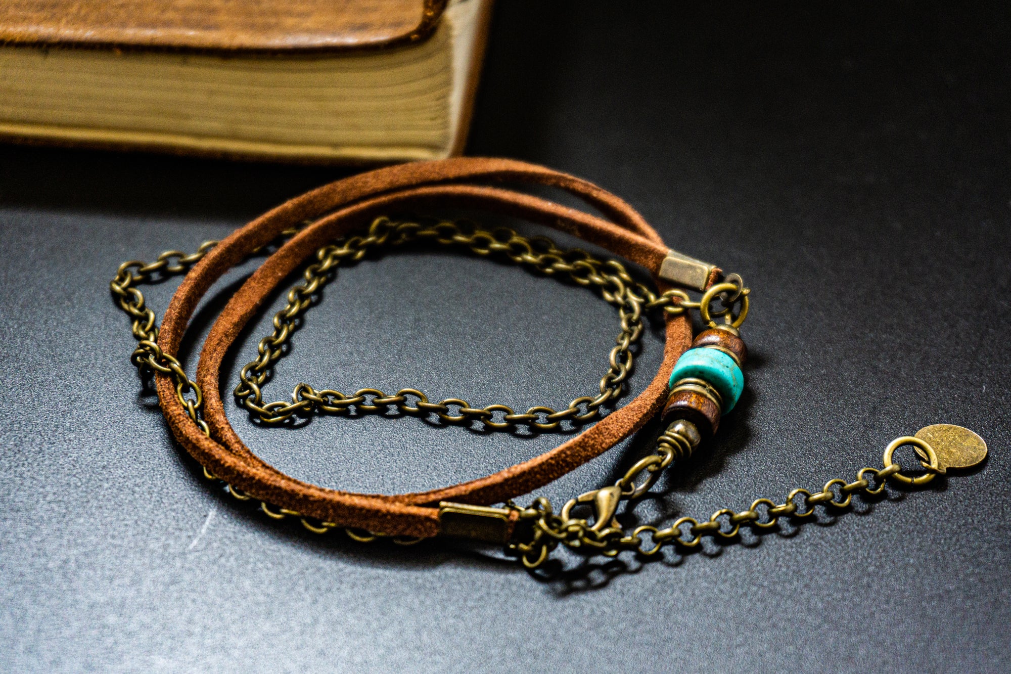 bronze chain and faux leather minimalist wrap bracelet- wander jewellery
