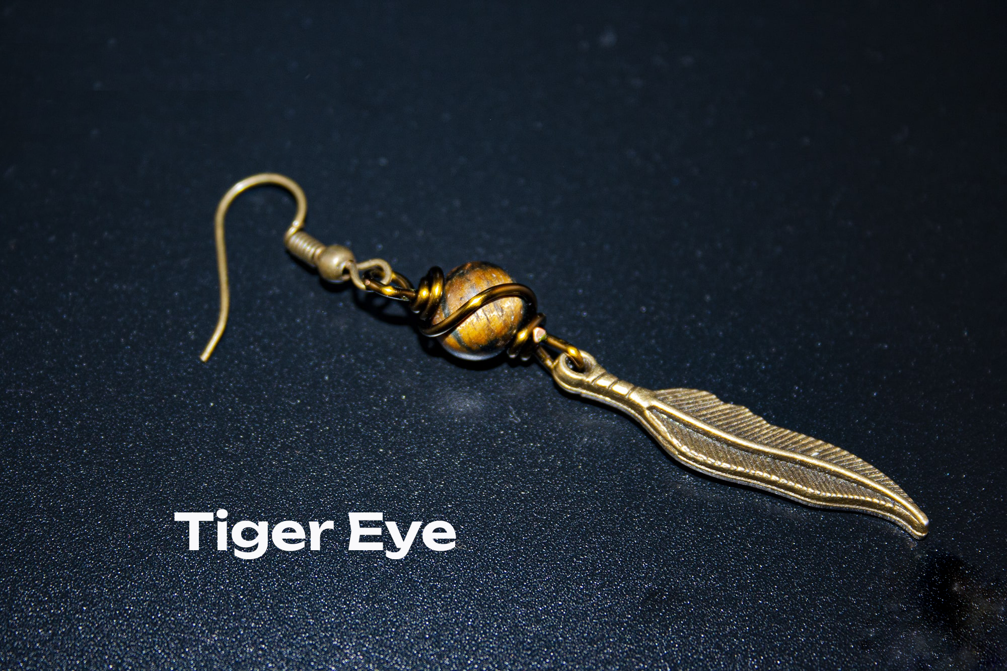 bronze dangle feather earring with Tiger eye gemstone- wander jewellery