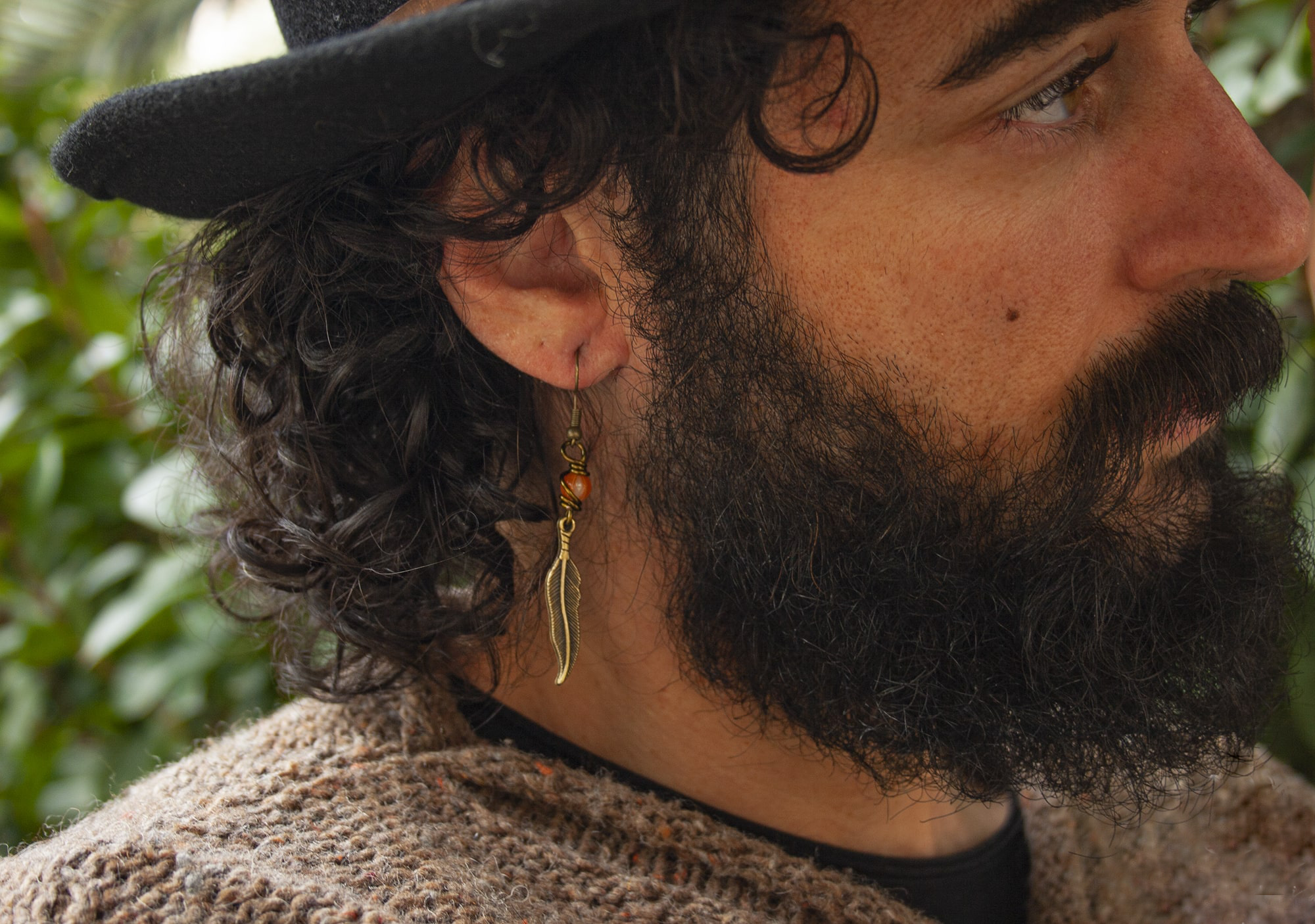 mens bronze dangle feather earring with red agate gemstone- wander jewellery