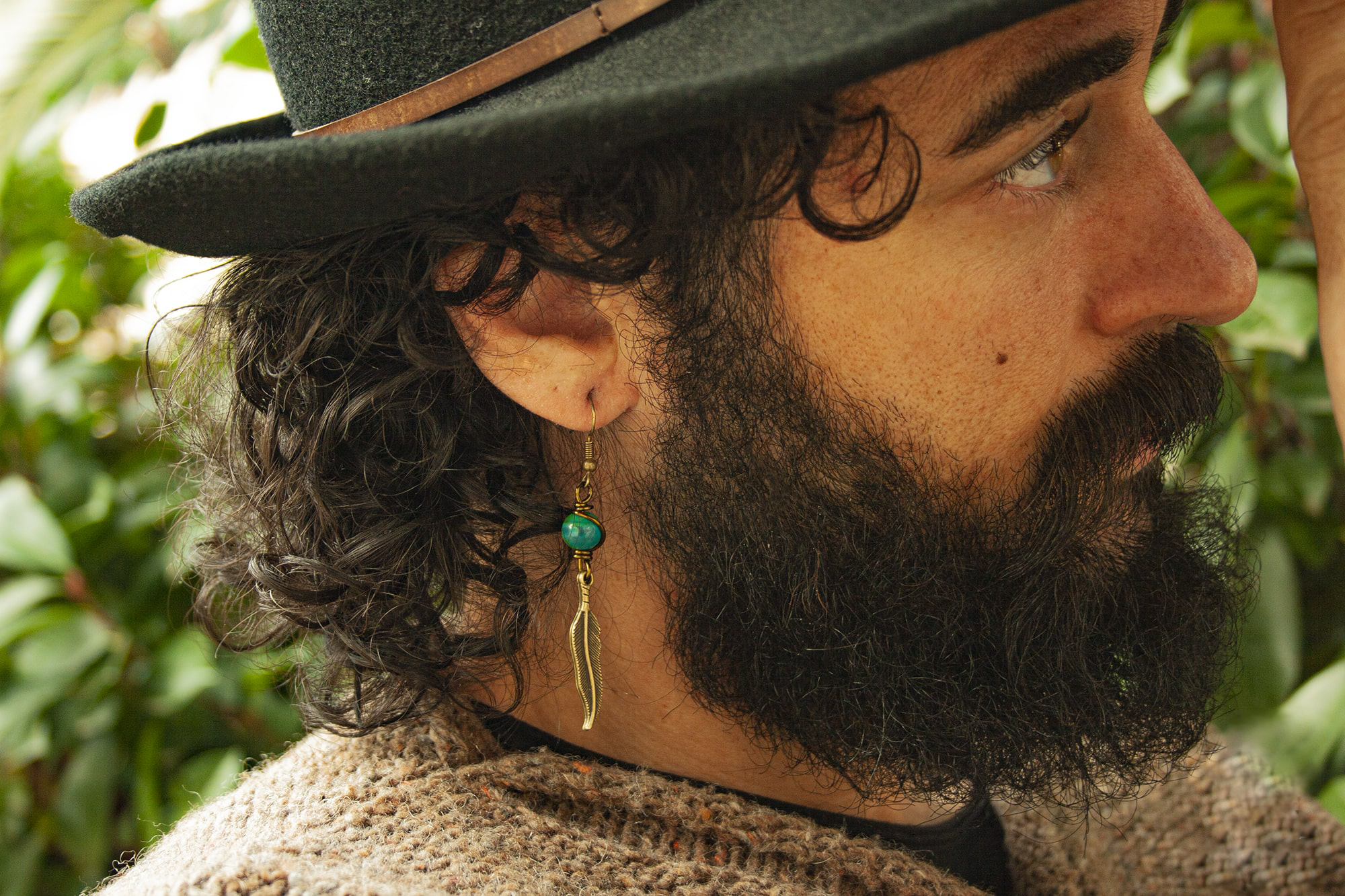 mens bronze dangle feather earring with Jade gemstone- wander jewellery