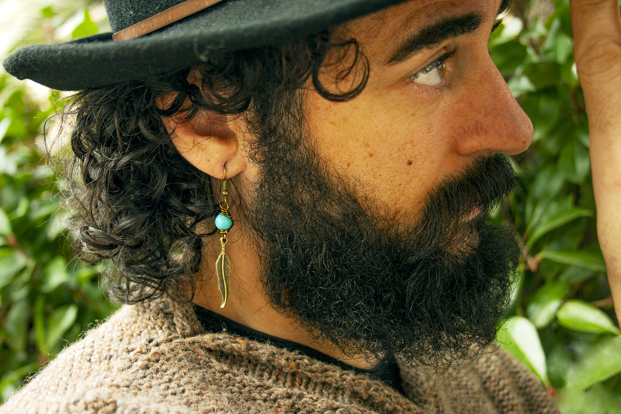 mens bronze dangle feather earring with turquoise gemstone- wander jewellery