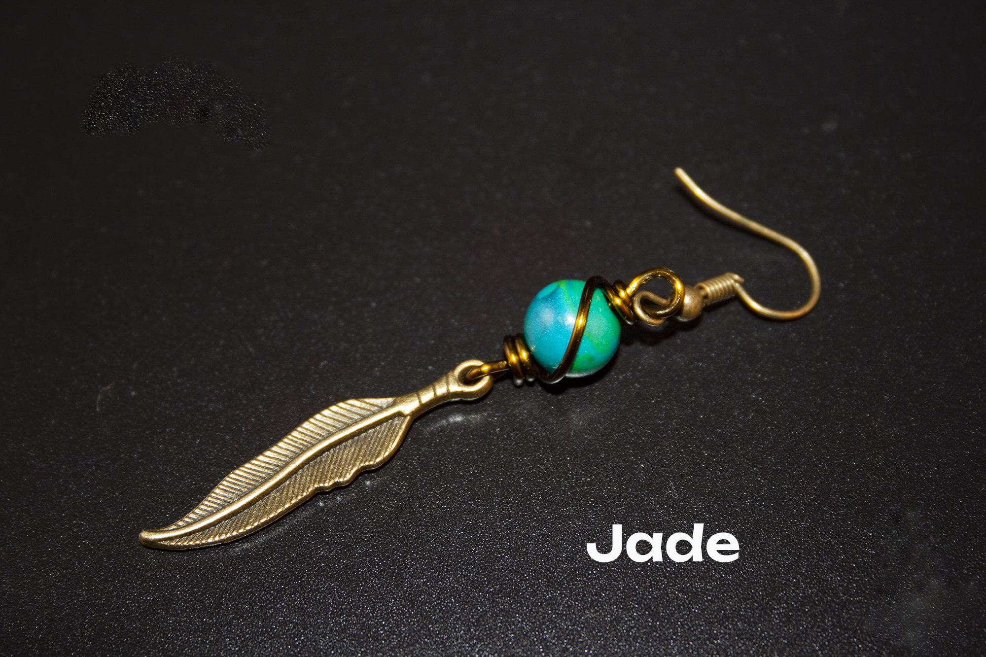 bronze dangle feather earring with Jade gemstone- wander jewellery