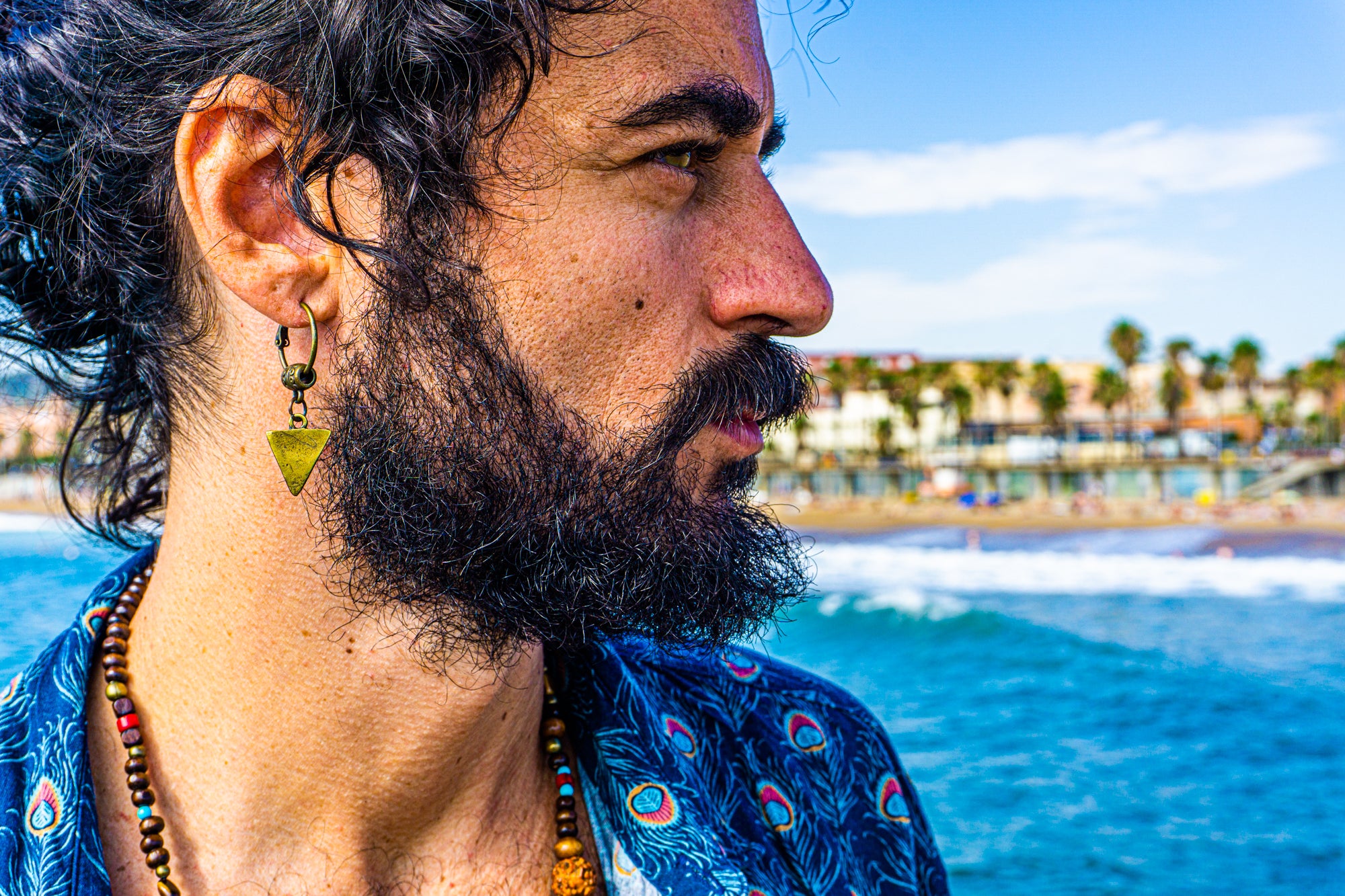 mens hoop earring with dangle antique bronze triangle- waner jewellery