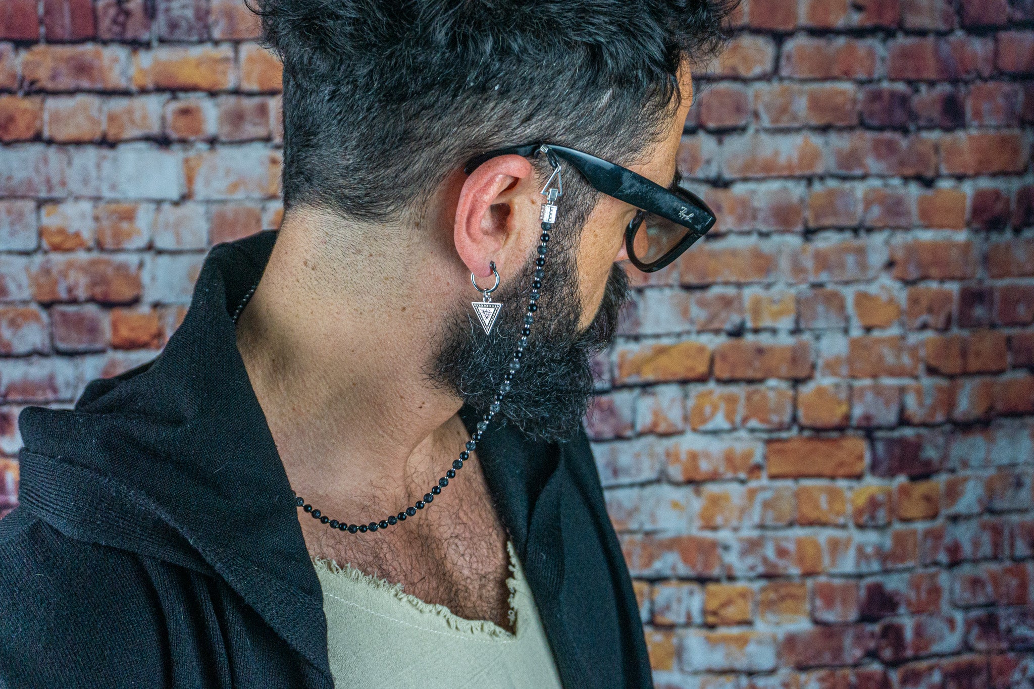 mens black onyx and lava stone gemstone beaded chain glasses - wander jewellery