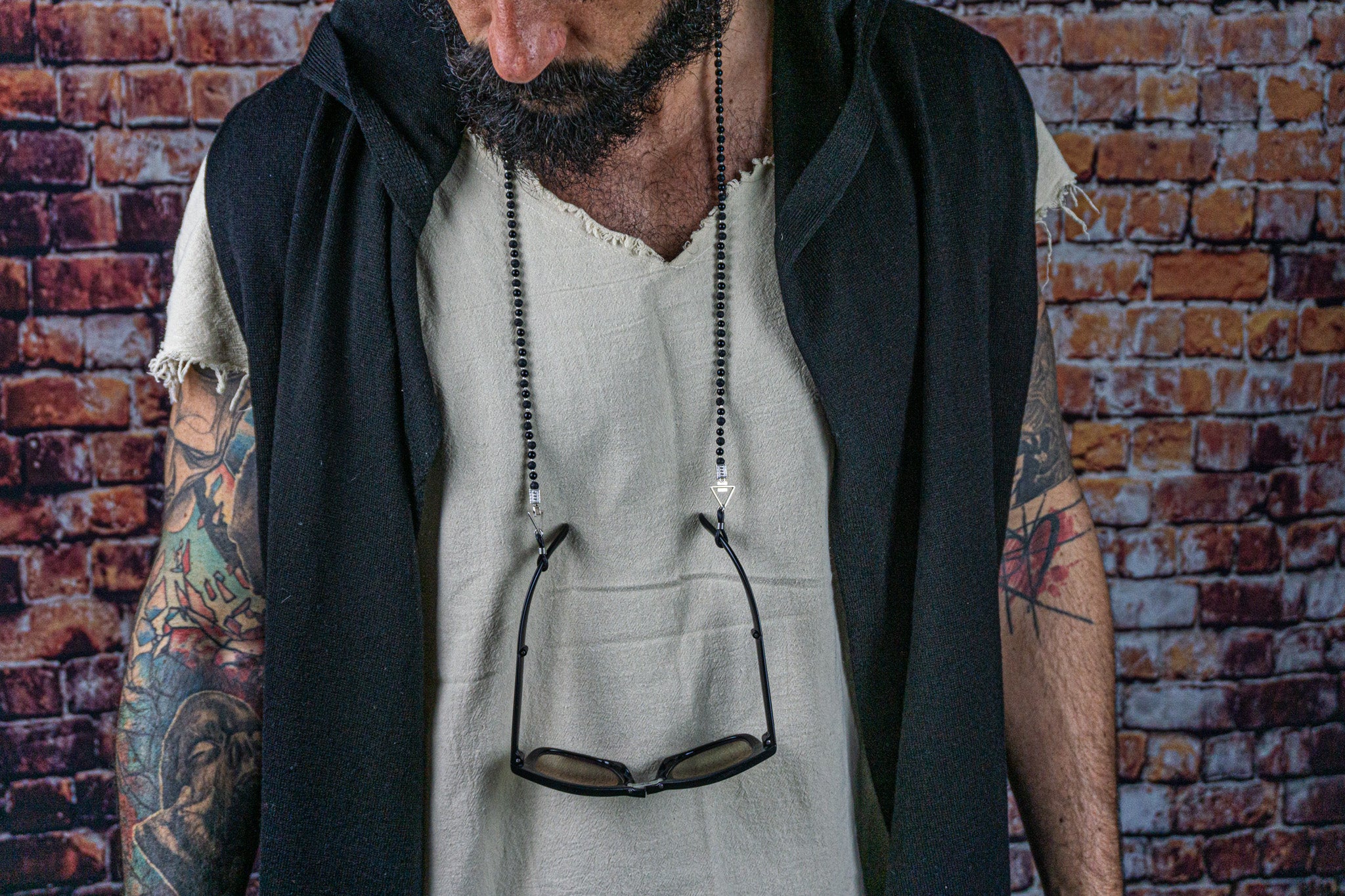 mens black onyx and lava stone gemstone beaded chain sunglasses glasses - wander jewellery