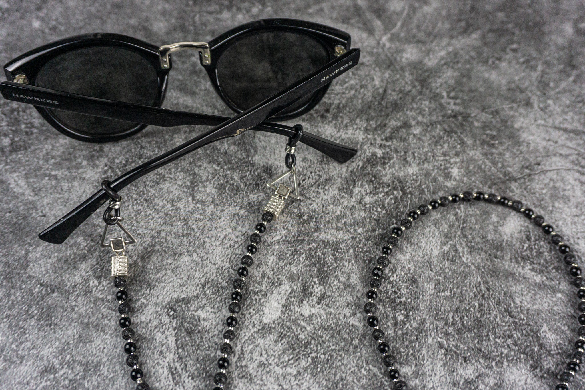 black onyx and lava stone gemstone beaded chain glasses holder- wander jewellery