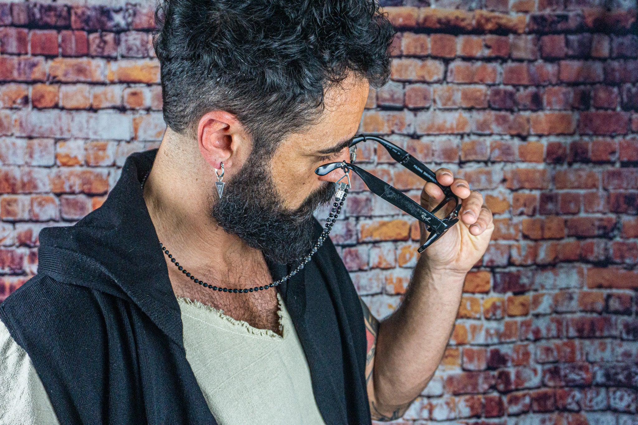 mens black onyx and lava stone gemstone beaded chain eyeglasses glasses - wander jewellery