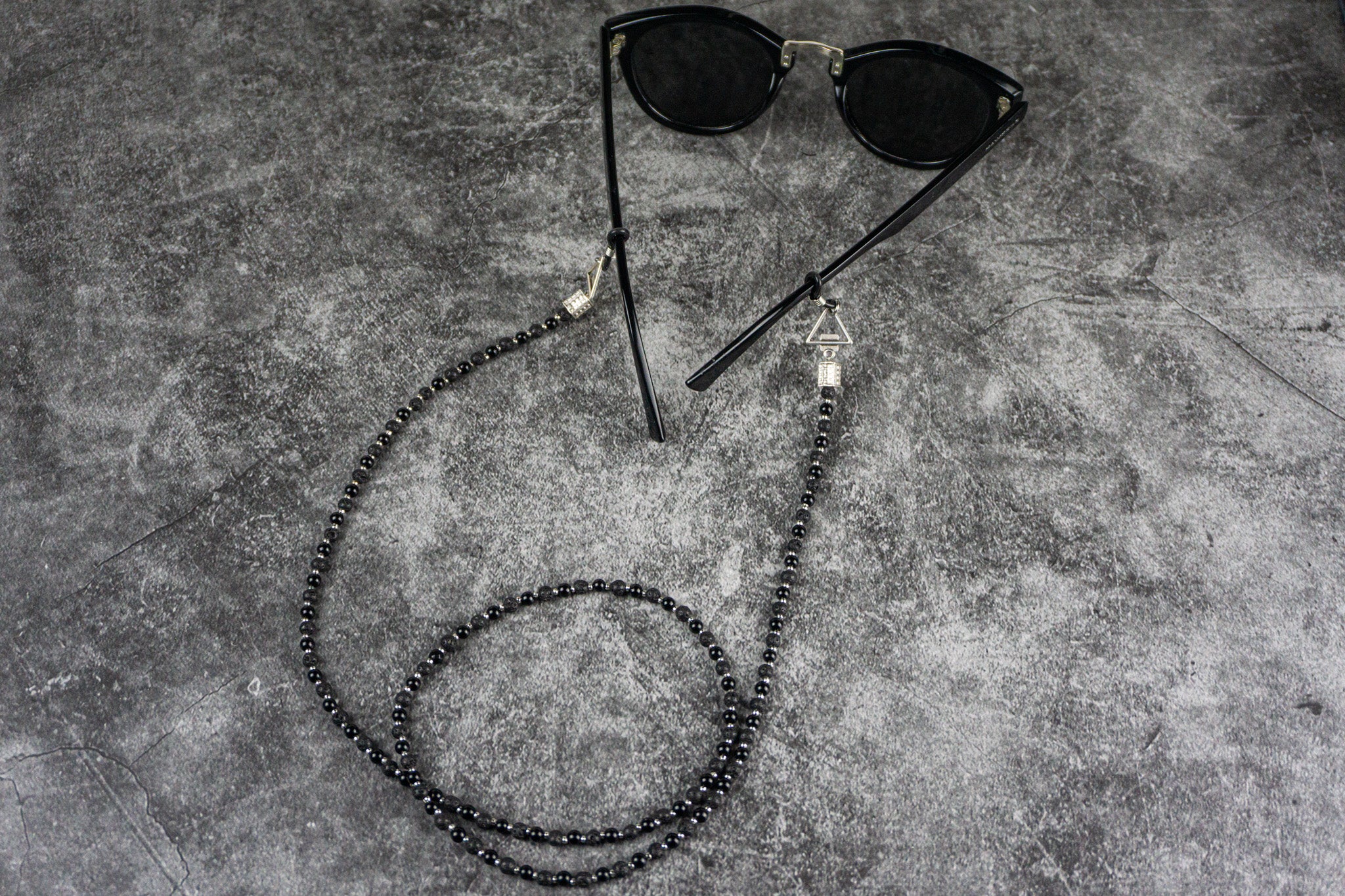 black onyx and lava stone gemstone beaded chain glasses - wander jewellery