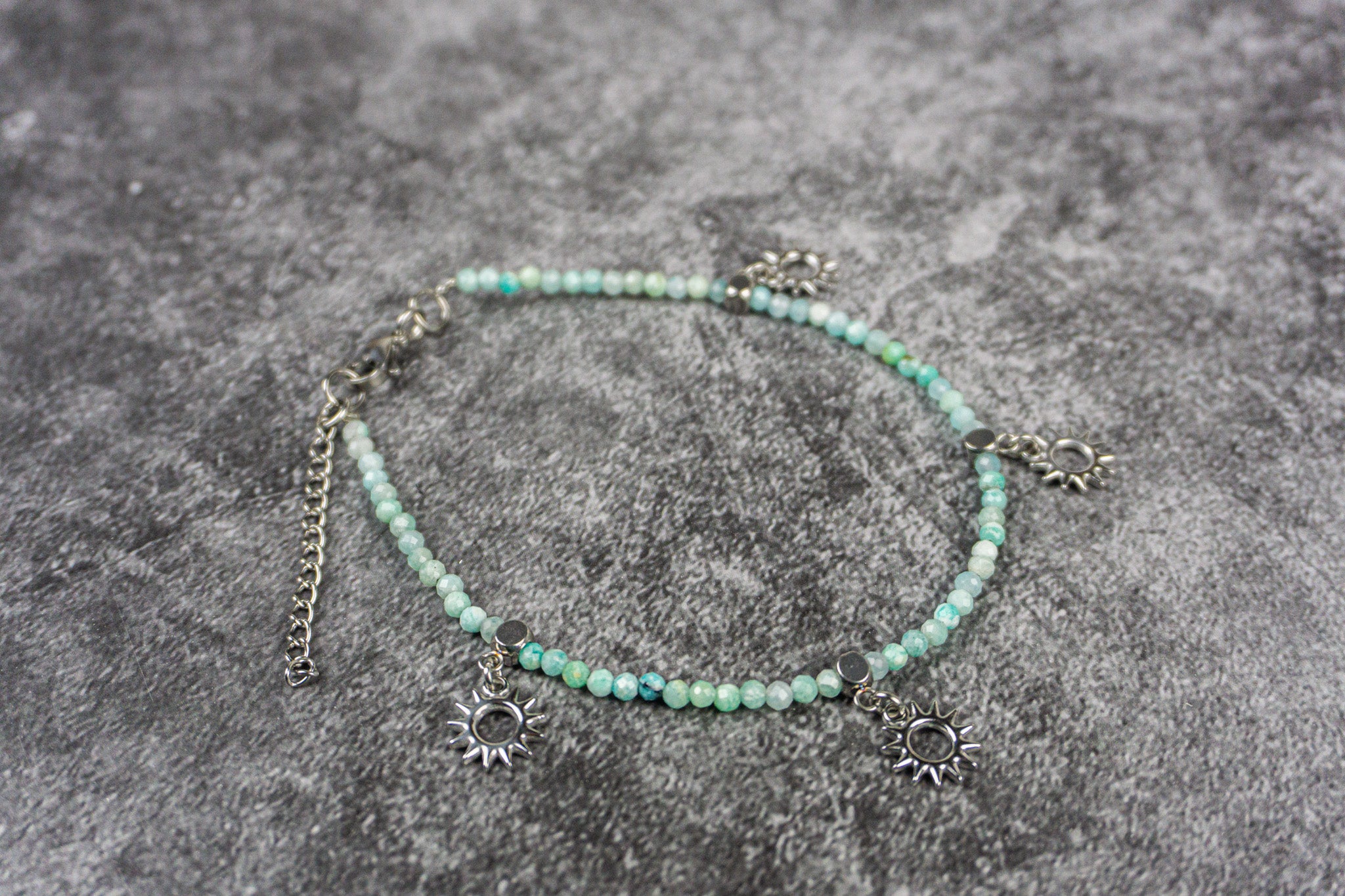 amazonite gemstone beaded anklet for women with stainless steel charms- wander jewellery