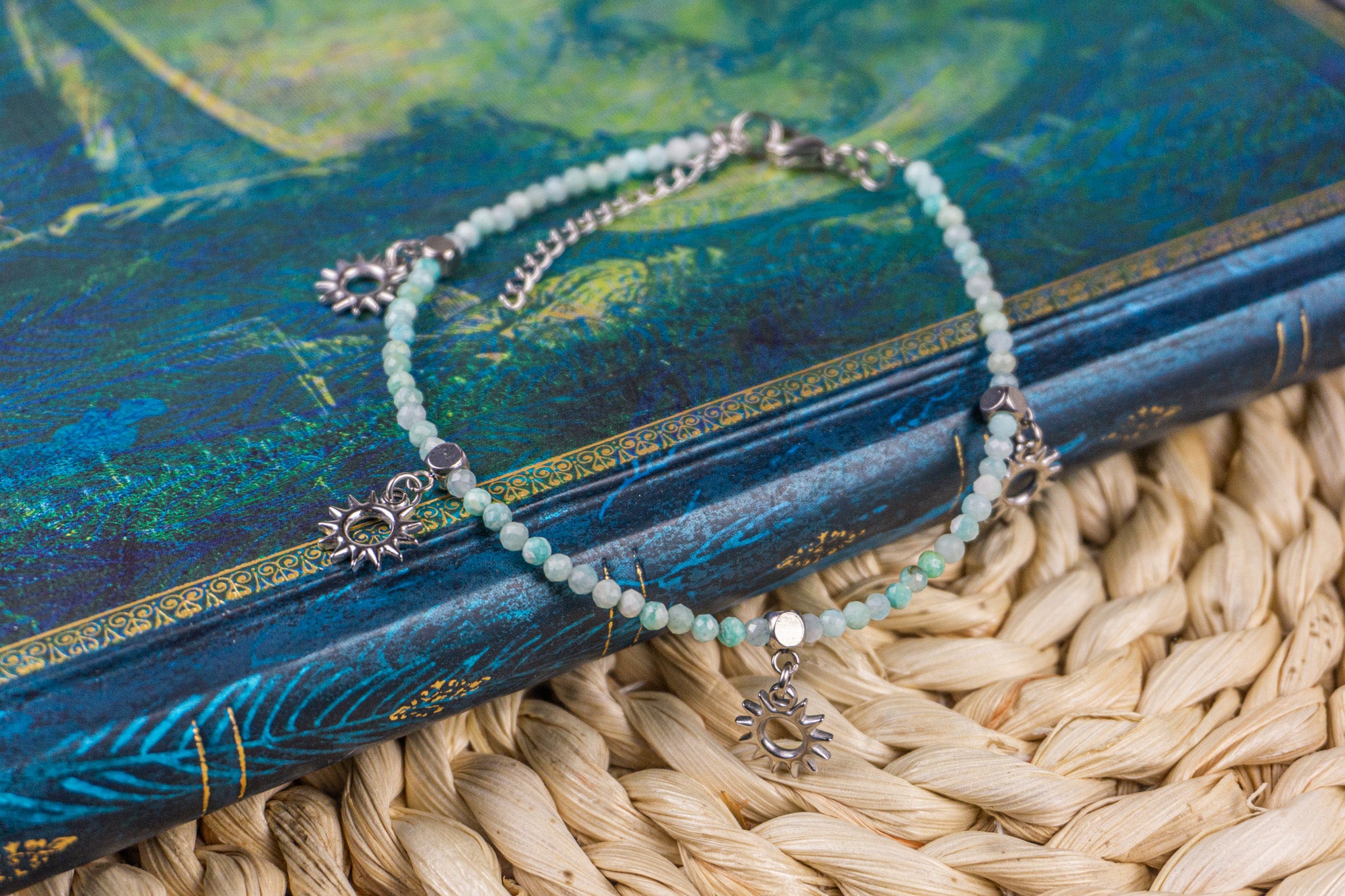 amazonite gemstone beaded anklet for women with silver charms- wander jewellery