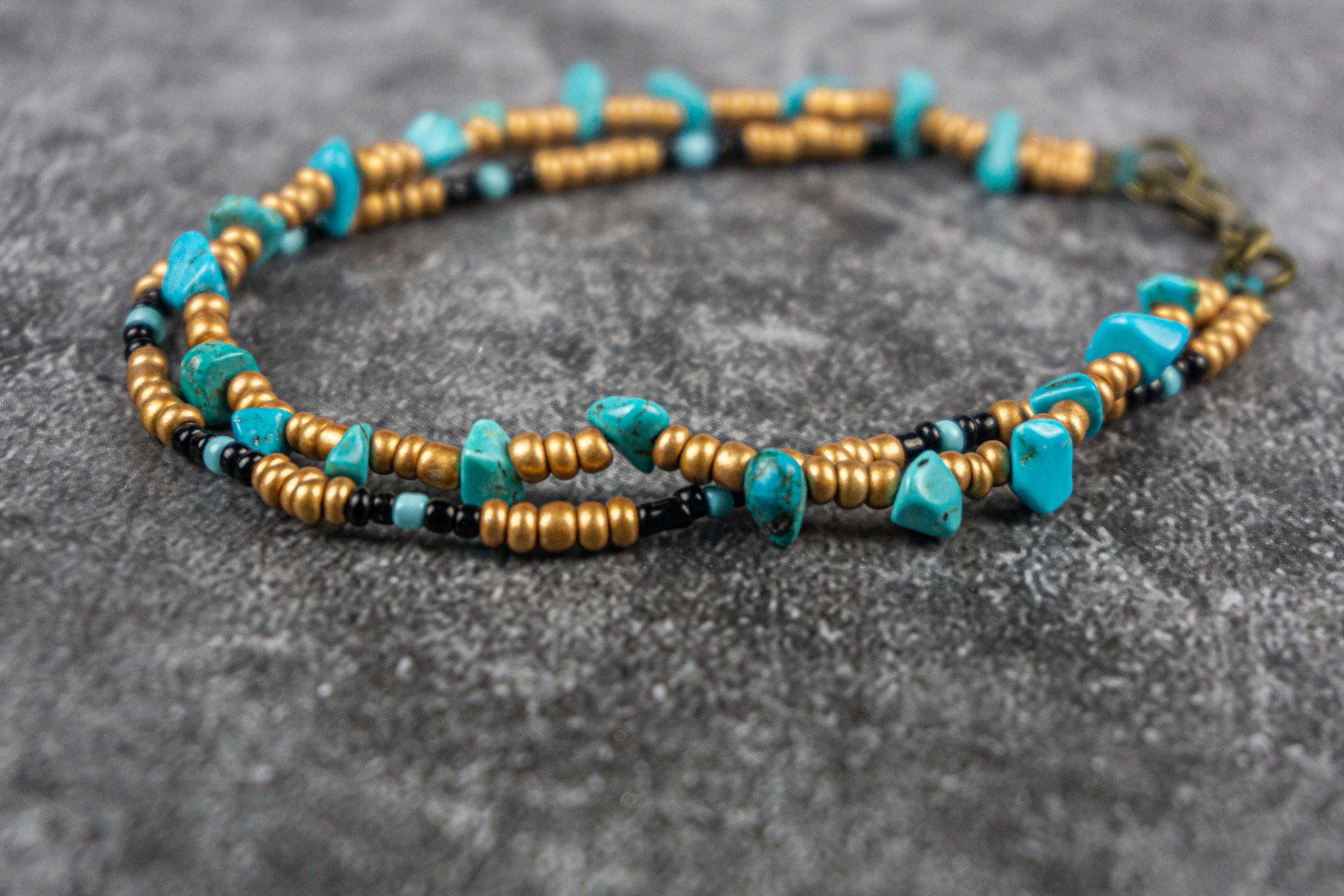 boho chic golden beads and turquoise stones layered wrap anklet set- wander jewellery