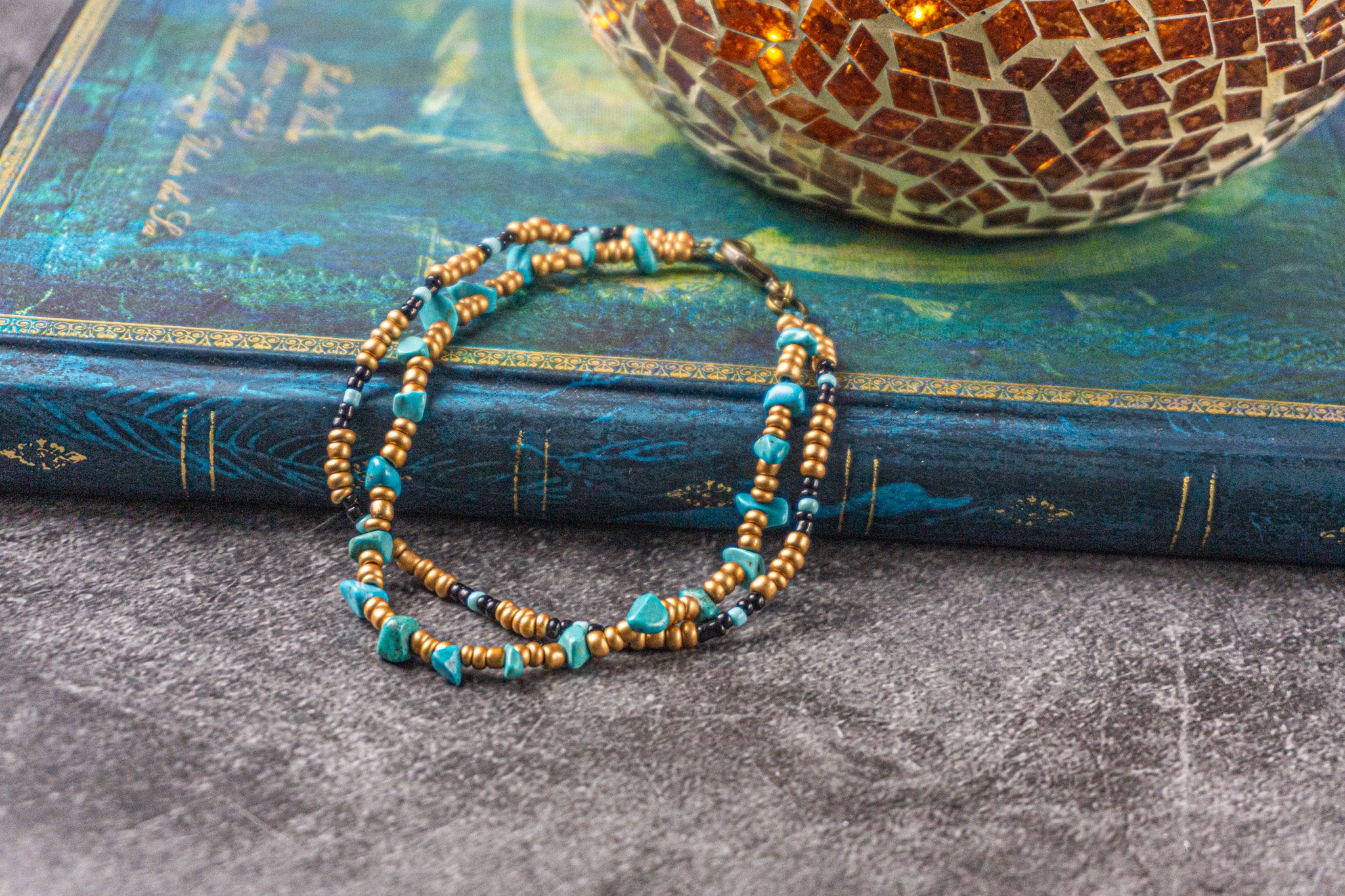 boho chic golden beads and turquoise stones layered anklet set- wander jewellery