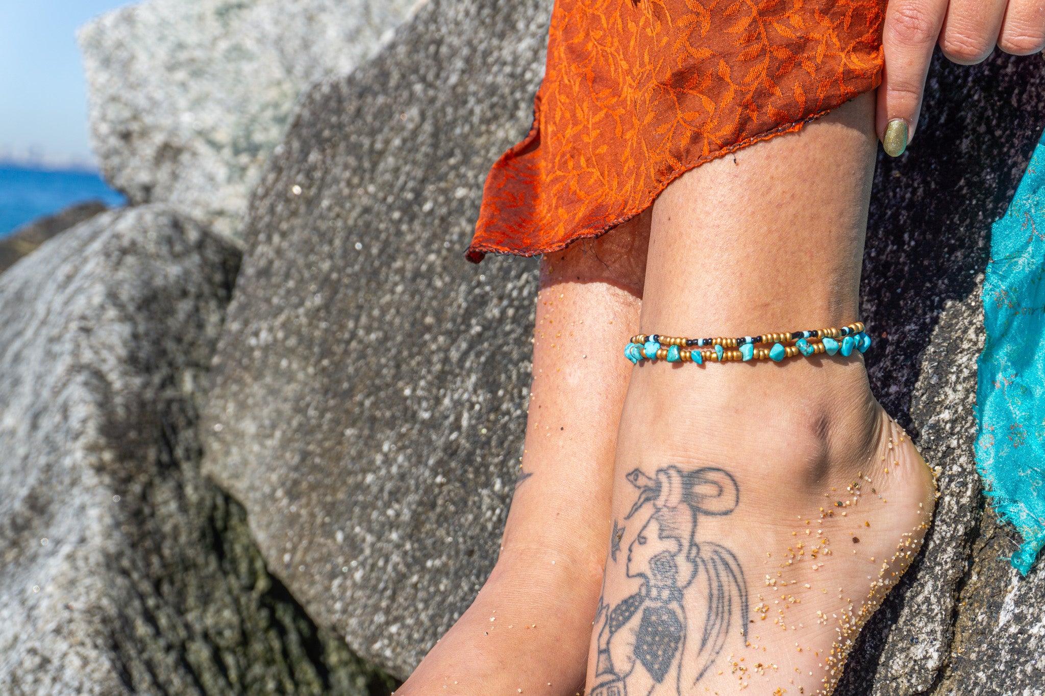 womens golden beads and turquoise stones layered wrap anklet set- wander jewellery