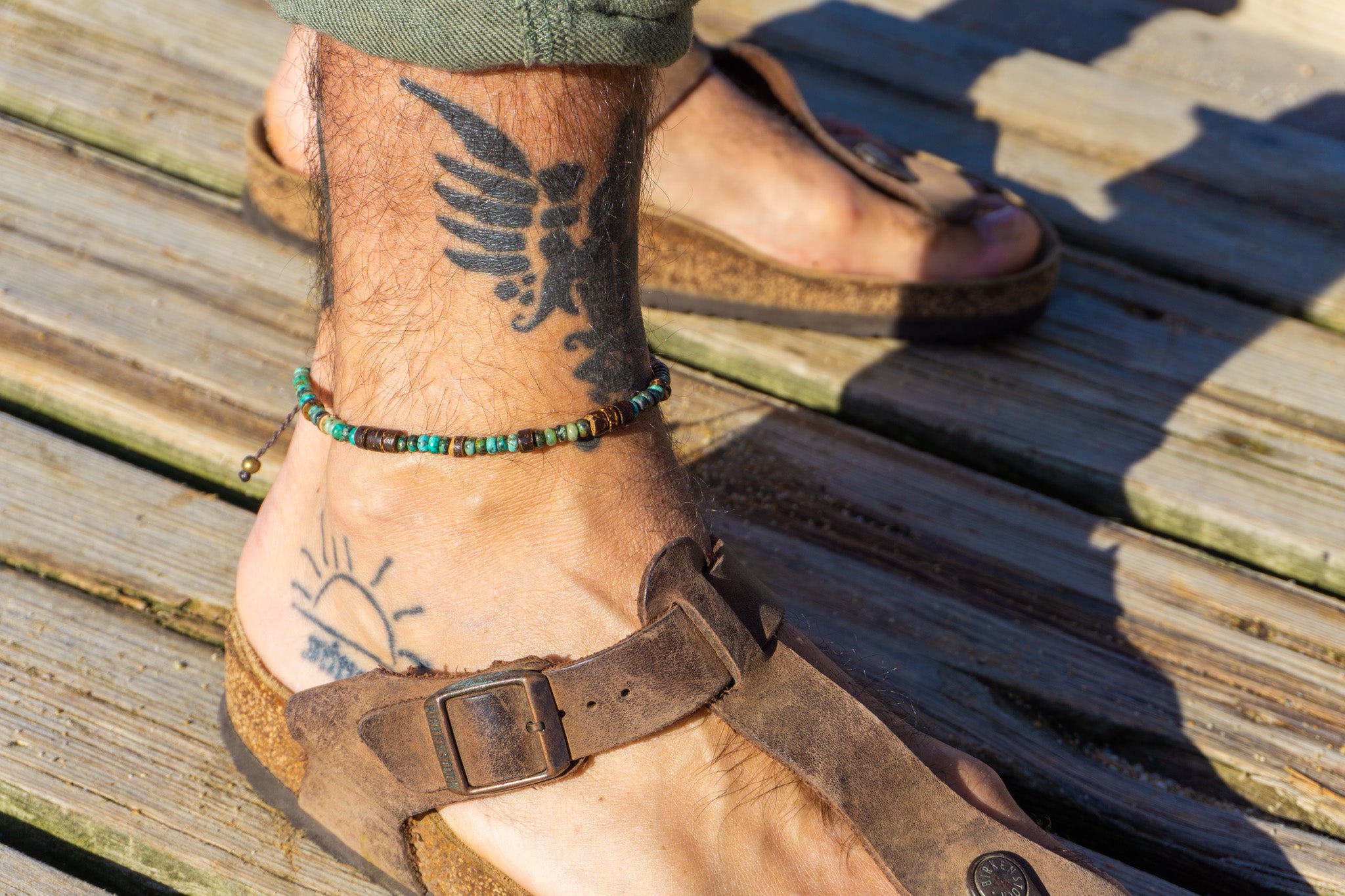 mens adjustable anklet made of coconut and green jasper - wander jewellery