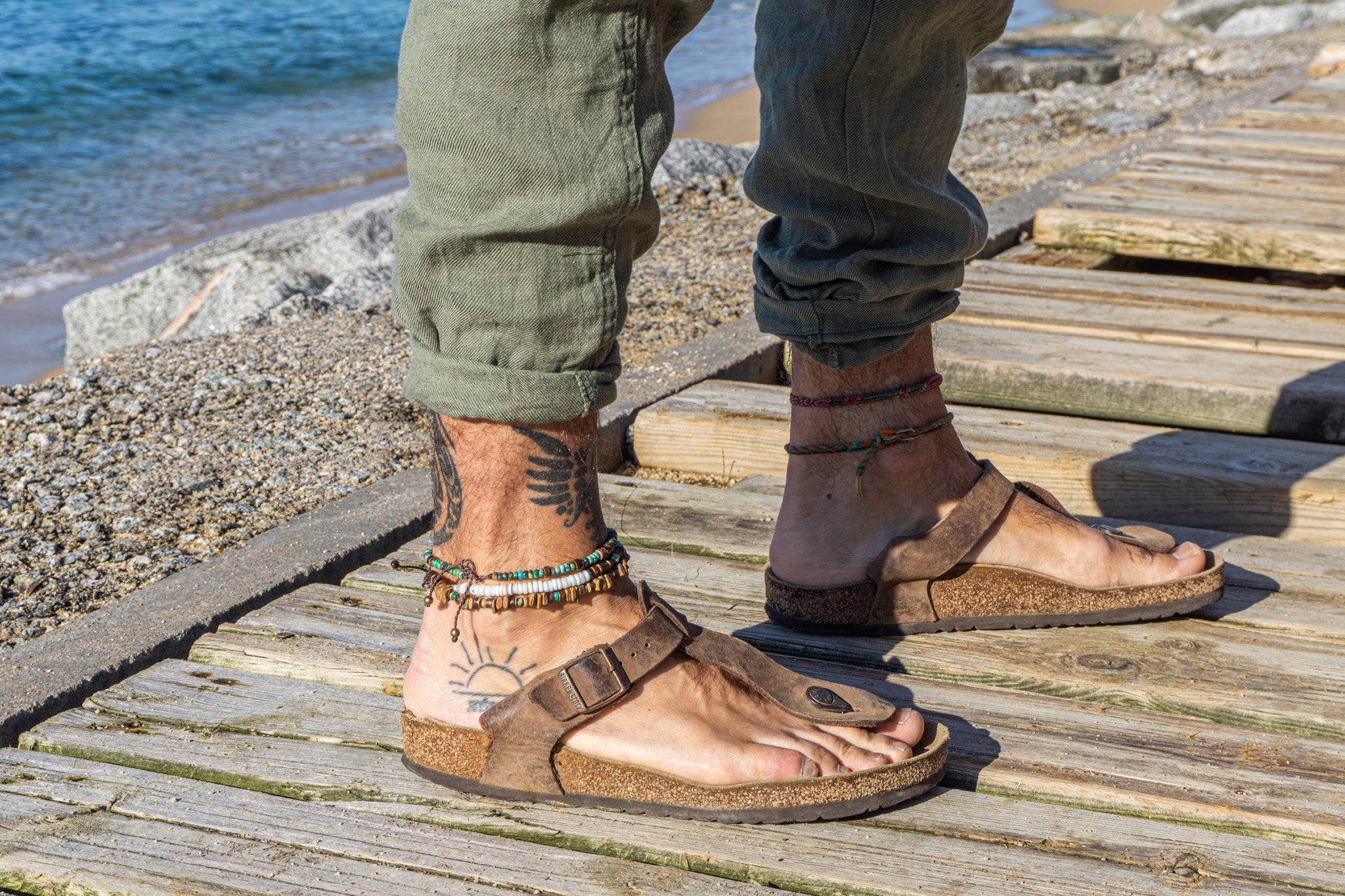 triple unisex anklet set made of seasheels, coconut and african turquoise jasper gemstone - wander jewellery