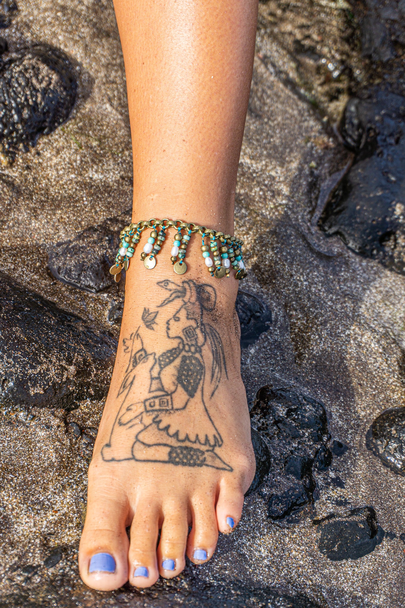 Boho chic pearl anklet for women with African turquoise jasper gemstones, brass beads, and a brass coin charm – Wander Jewellery"